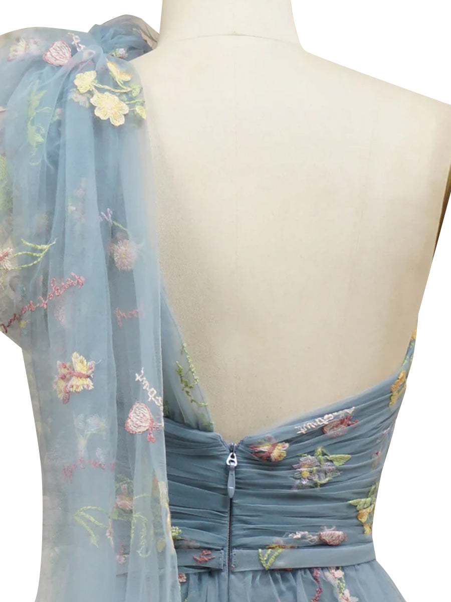 Cicinia Bleu Poussiéreux Robe de Soirée Longue en Dentelle et Tulle A-Line Épaule Dénudée sans Manches Longueur Sol