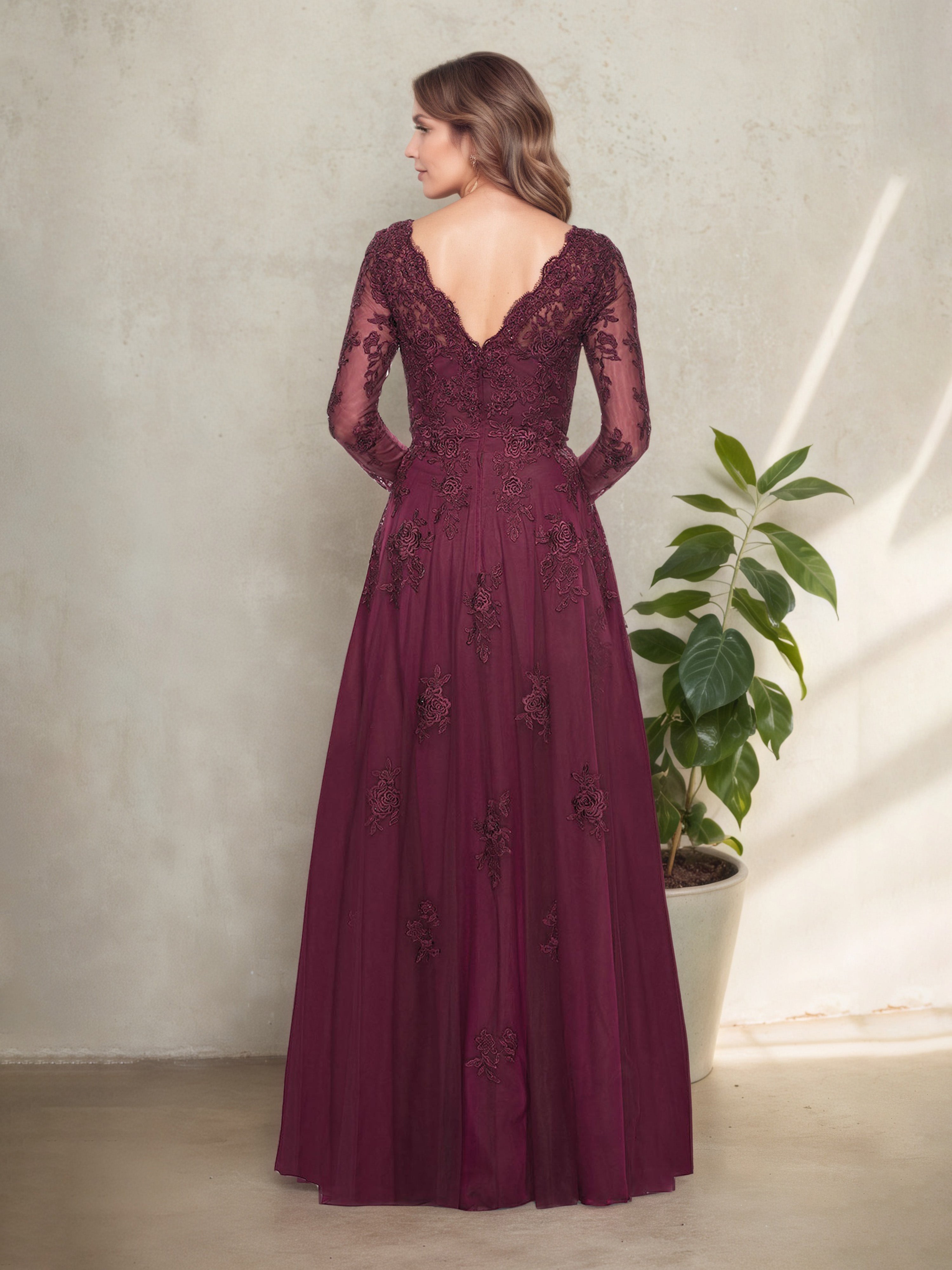 Robe Mère de la Mariée MuRE Col V en Dentelle Manches Longues