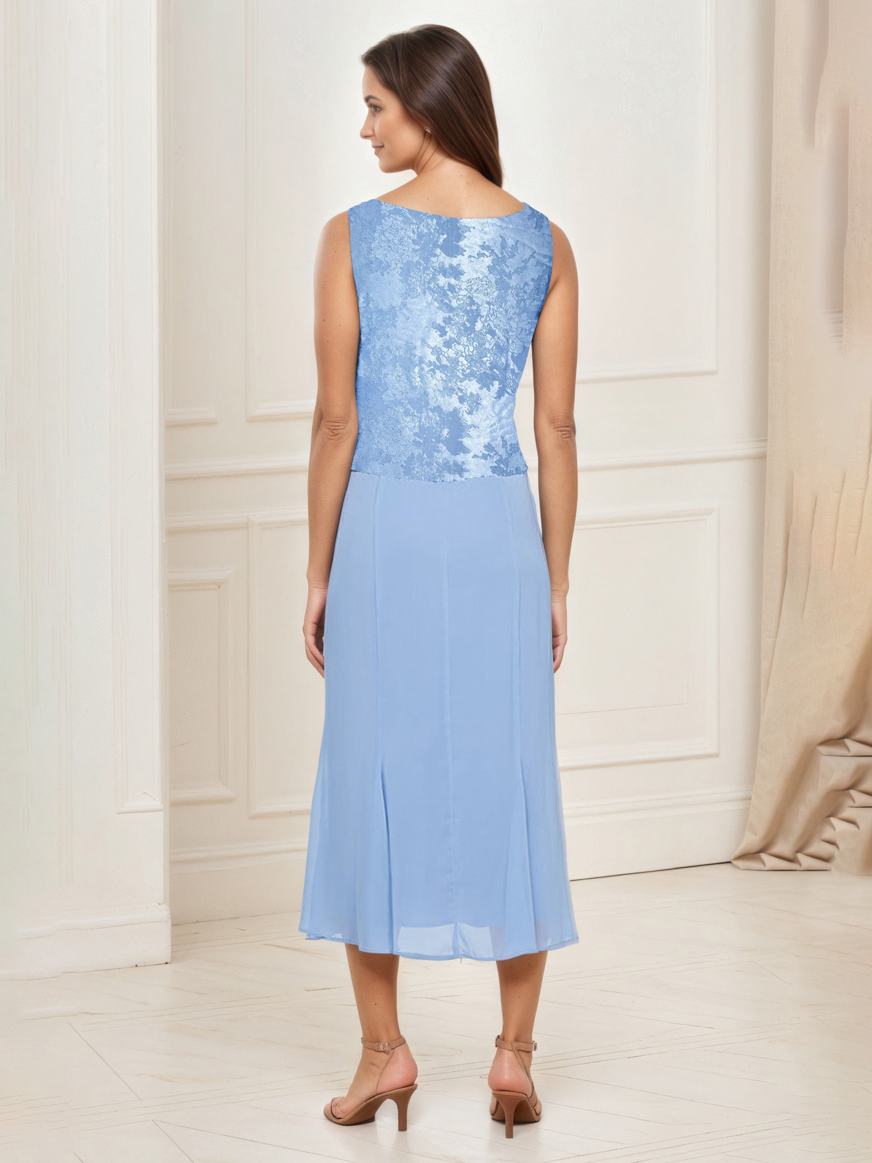 Tenue Mere dela Mariee BLEU Robe Col Carré Appliqués de Paillettes Robe mi-longue Avec Veste