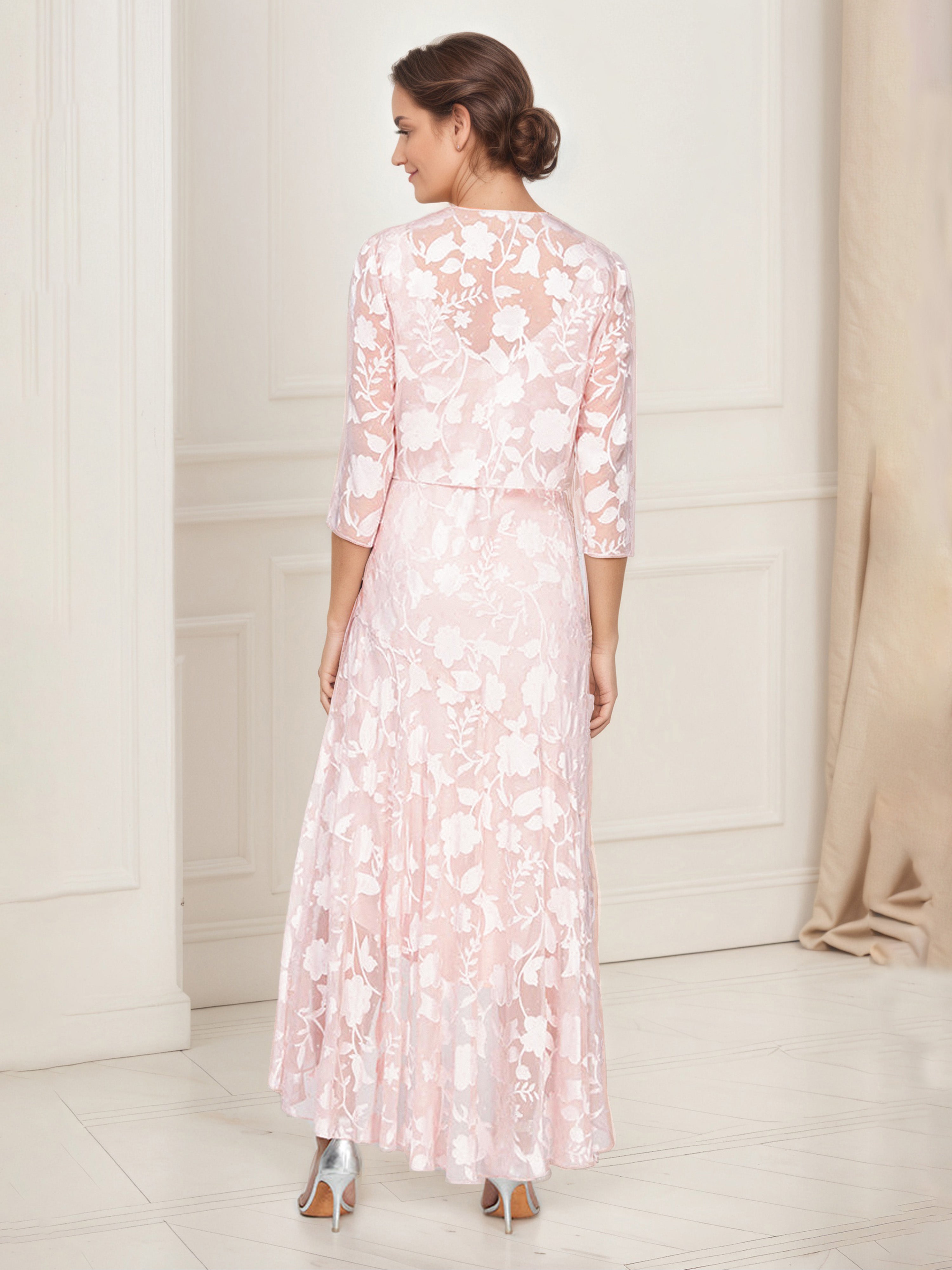 Tenue Mère De la Mariée Très Chic ROSE_PERLE Robe Ensemble Asymétrique en Forme de Tulipe Avec Manches 3/4 Veste