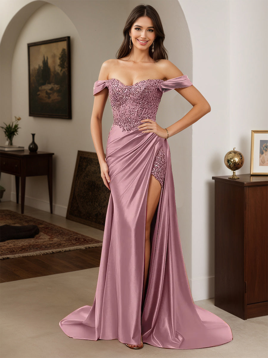 Cicinia Robe de Soirée VINTAGE MAUVE Longue Fourreau Appliqués Dentelle Épaules Dénudées
