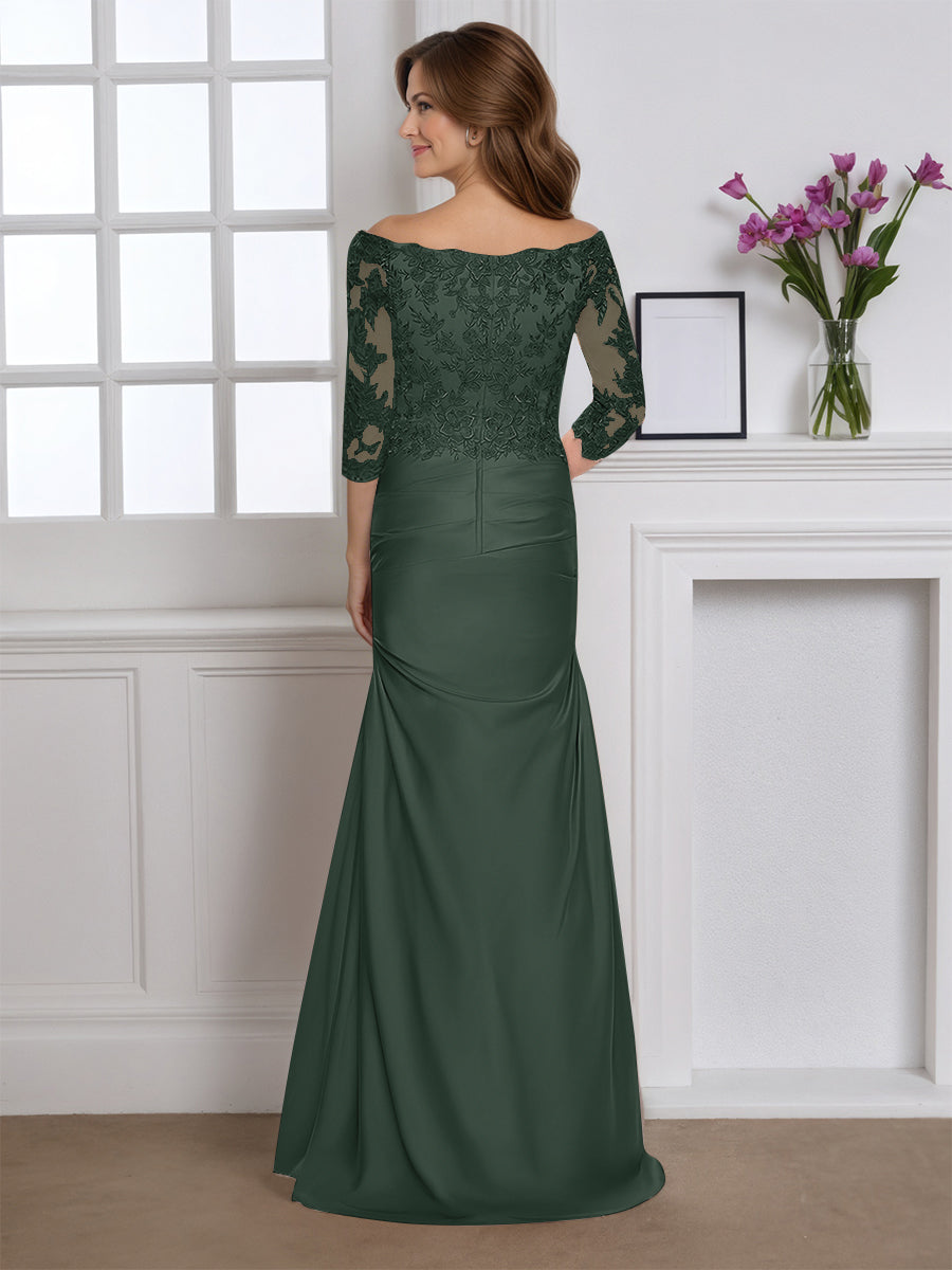 Cicinia Robe pour Mère de la Mariée VERT FONCE Longue en Tissu Extensible Fourreau Épaules Dénudées Élégante