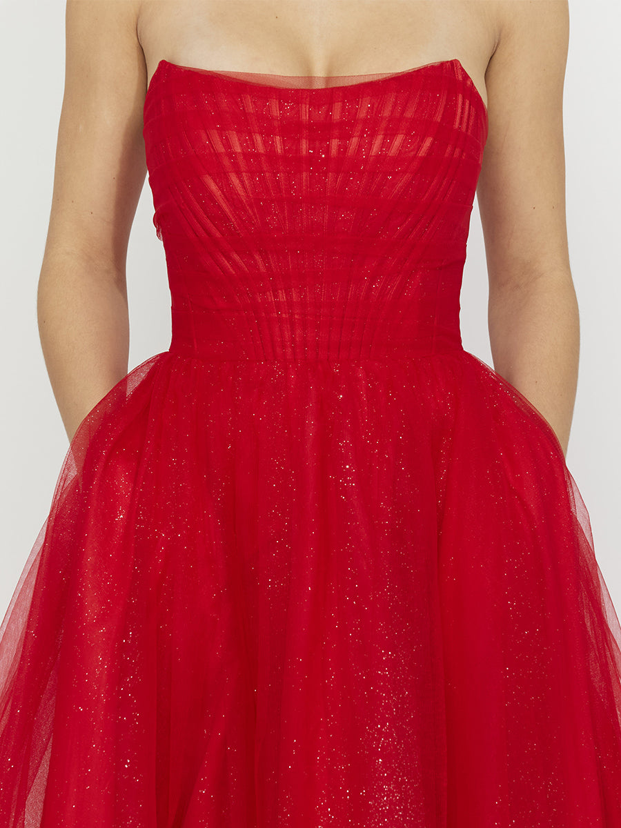 Cicinia Rouge Robe de Soirée Longue en Tulle A-Line sans Bretelles Traîne Balayée