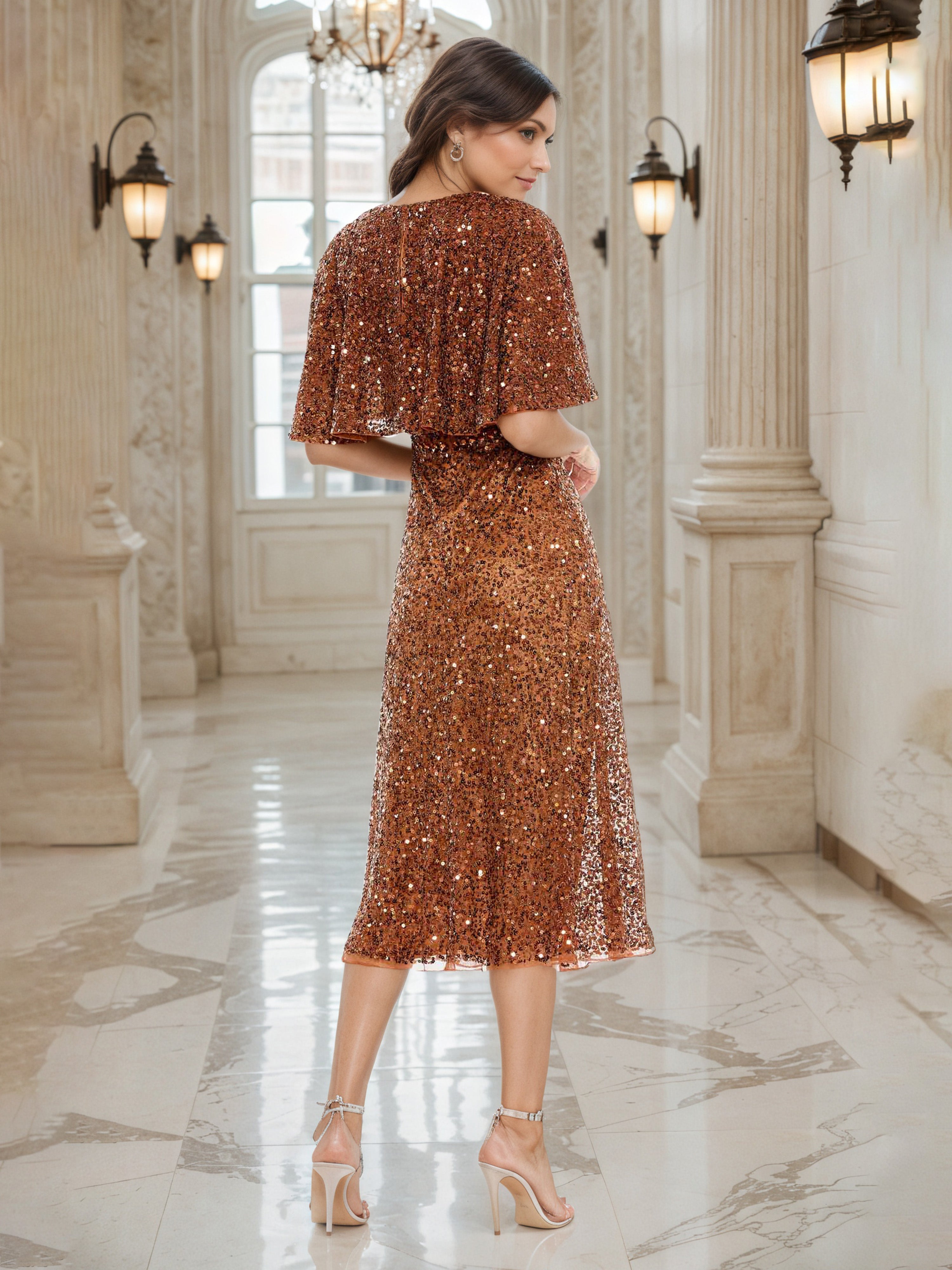 Robe de Soirée Mi-Longue TERRE_CUITE En Paillettes Col ras du cou Trapèze Avec Demi-Manches à Volants