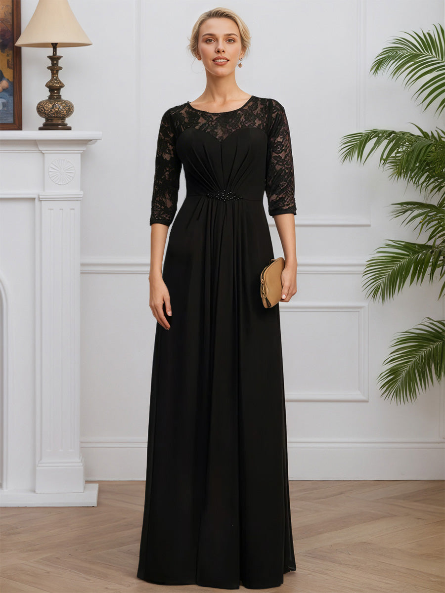Cicinia Noir Robe pour Mère de la Mariée Longue en Mousseline et Dentelle Perlé A-Line Manches Demi-longues