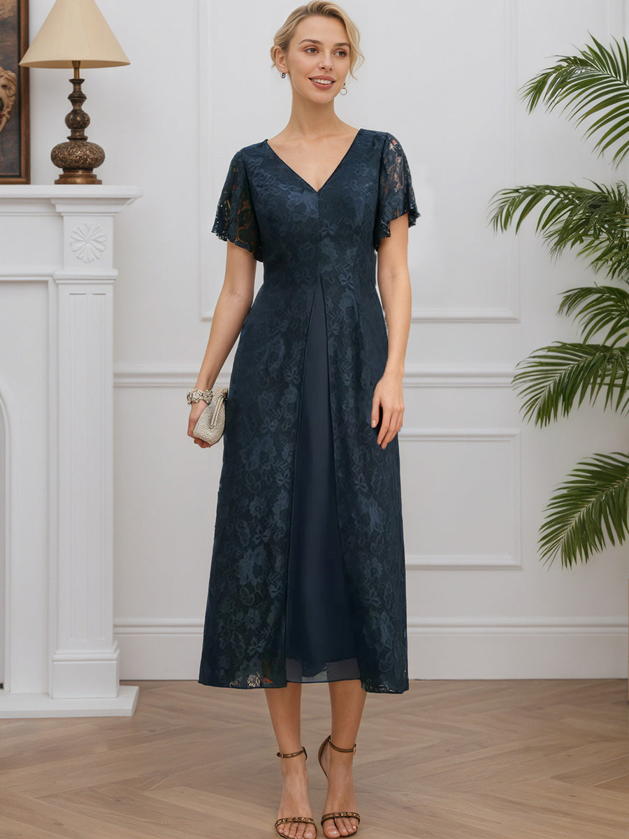 Cicinia Bleu Marine Foncé Robe pour Mère de la Mariée Longue en Mousseline et Dentelle A-Line Longueur Midi