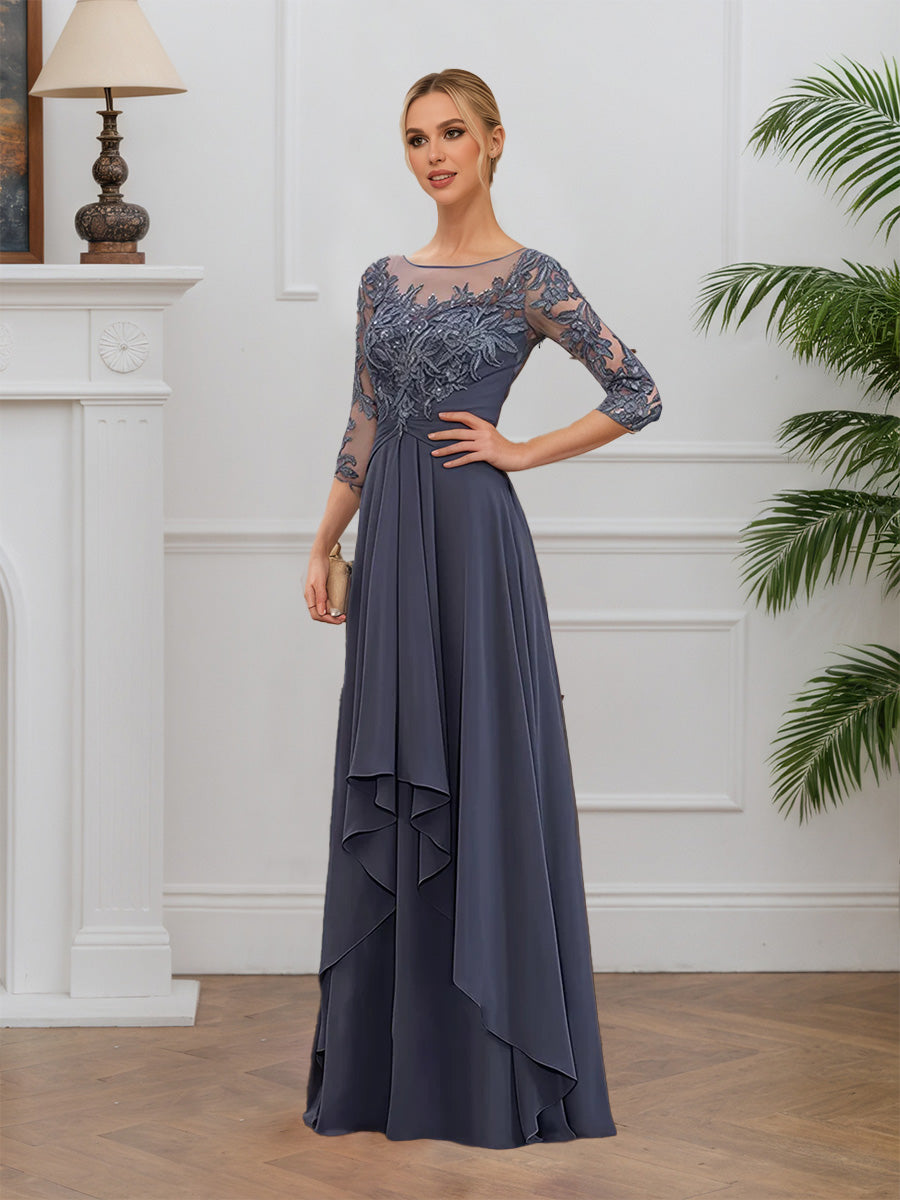 Cicinia Tempête Robe pour Mère de la Mariée Longue en Mousseline et Dentelle A-Line Manches Demi-longues Décolleté en Rond