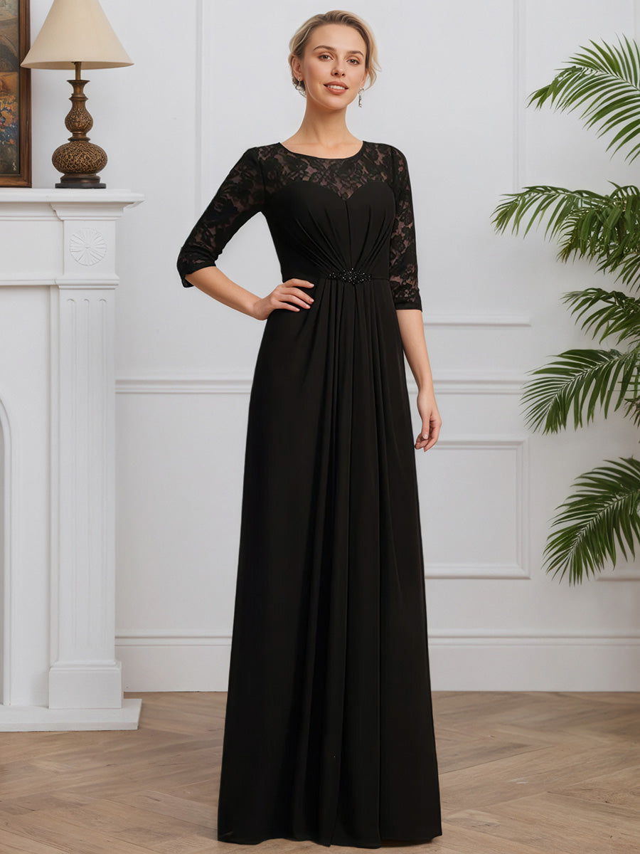 Cicinia Noir Robe pour Mère de la Mariée Longue en Mousseline et Dentelle Perlé A-Line Manches Demi-longues