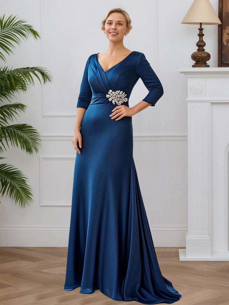 Cicinia Bleu Marine Robe pour Mère de la Mariée Longue en Satin Chiffon Décolleté en V Sheath Robe de Soirée