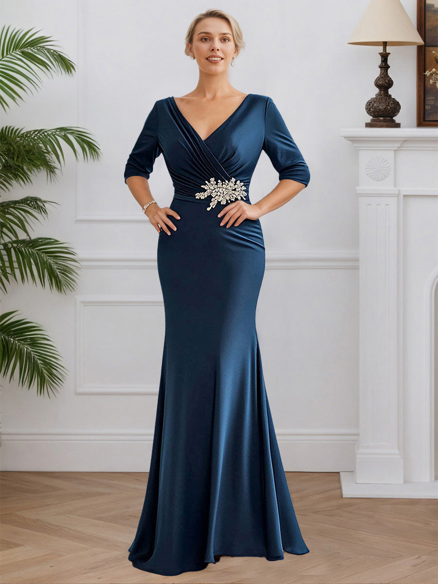 Cicinia Bleu Marine Robe pour Mère de la Mariée Longue en Satin Chiffon Sheath Robe de Soirée