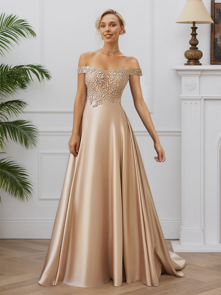 Cicinia Champagne Robe pour Mère de la Mariée Longue en Satin Décolleté Une Épaule A-Line Robe de Soirée