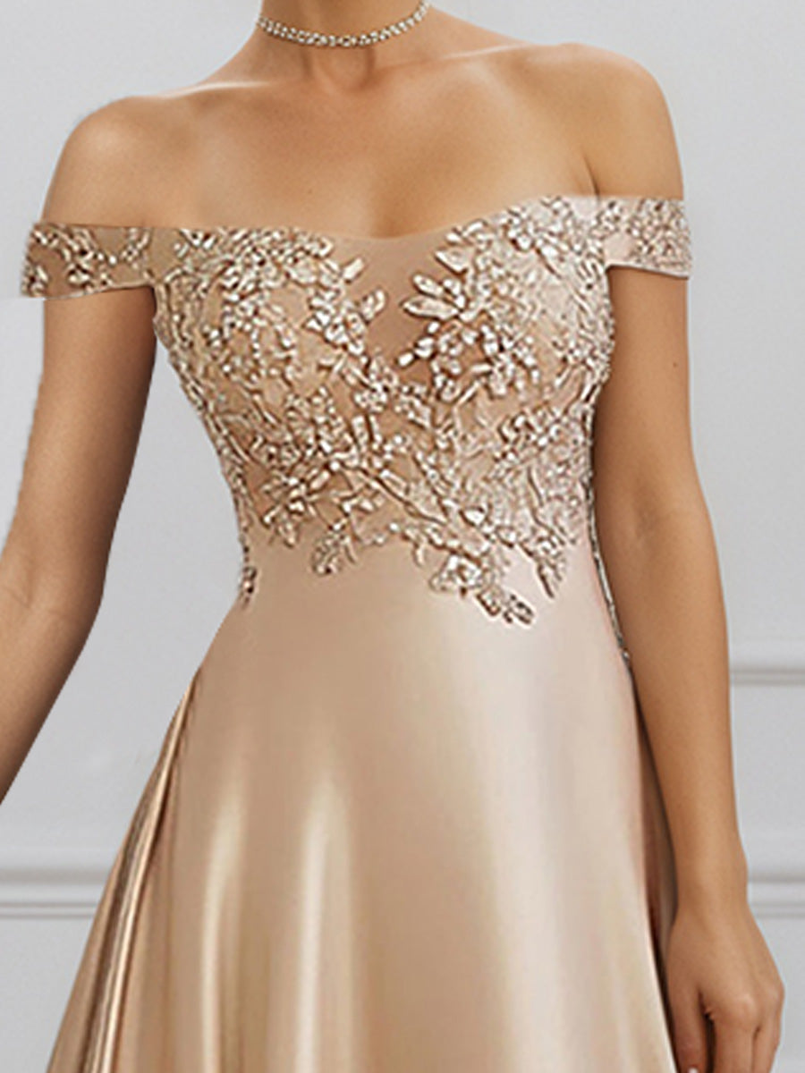 Cicinia Champagne Robe pour Mère de la Mariée Longue en Satin Décolleté Une Épaule A-Line Robe de Soirée