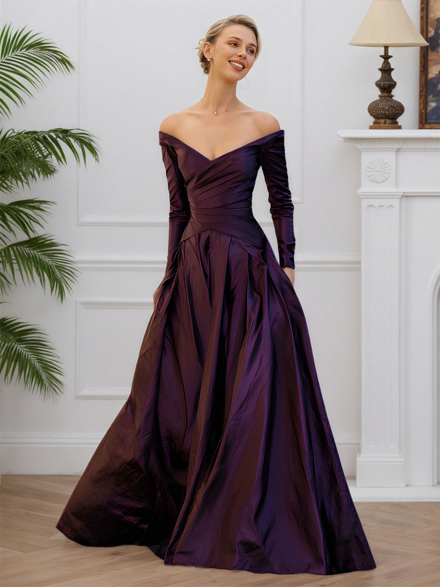 Cicinia Cabernet Robe de Mère de la Mariée Longue Élégante en Taffetas à Manches Longues avec Décolleté Plongeant en V Ligne A