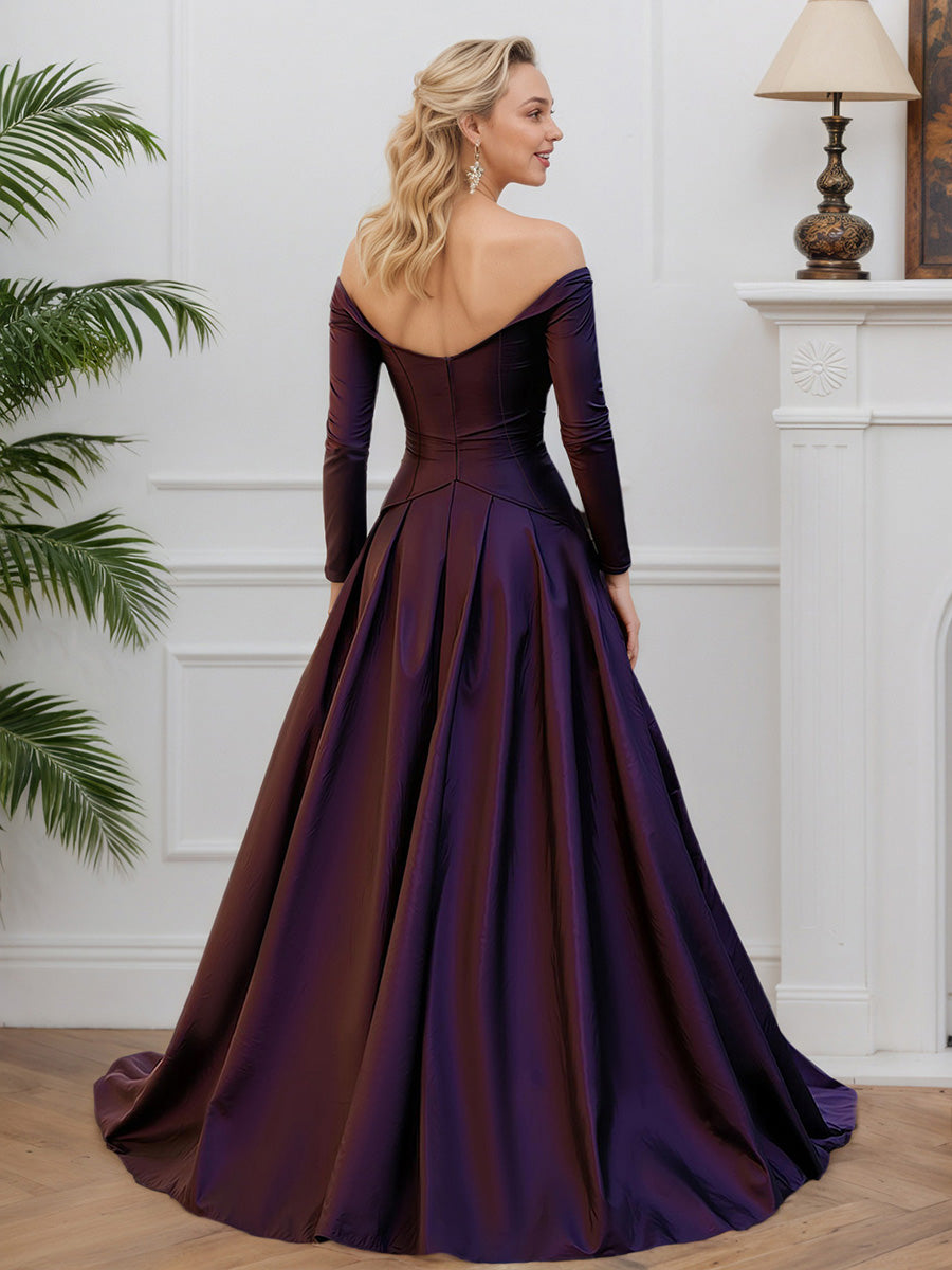 Cicinia Cabernet Robe de Mère de la Mariée Longue Élégante en Taffetas à Manches Longues avec Décolleté Plongeant en V Ligne A