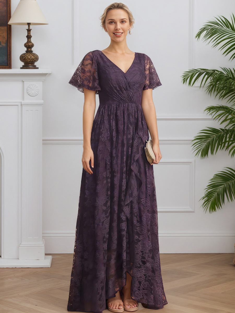 Cicinia Prune Robe pour Mère de la Mariée Longue en Dentelle A-Line Longueur Sol Décolleté en V