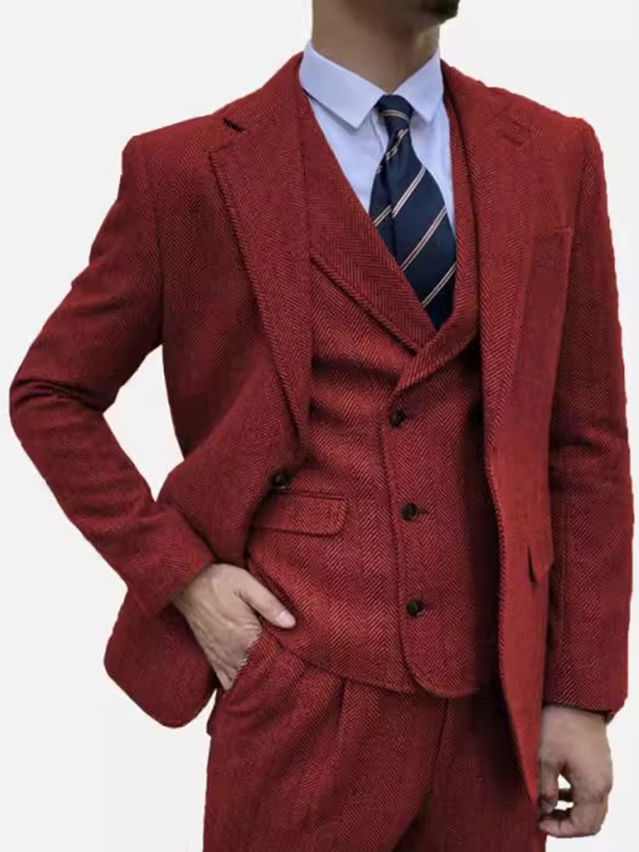Costume Homme 3 Pièces en ROUGE en Tweed à Motif Chevron Style Rétro et Coupe Slim pour Affaires Décontracté