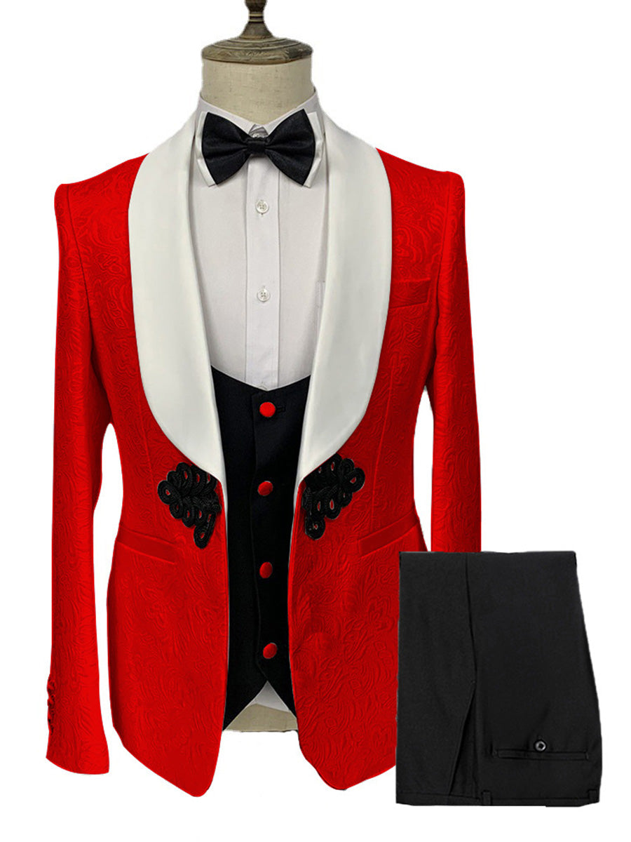 Costume Homme 3 Pièces Rouge à Motif Jacquard Élégance Racée pour Marié et Garçons d'Honneur