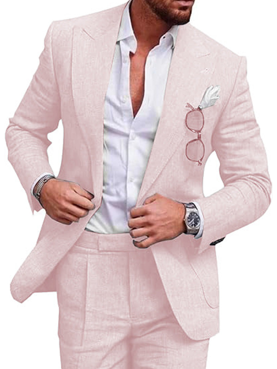 Costume Homme 2 Pièces ROSE en Lin Léger Style Rétro et Coupe Slim pour Mariages d'Été