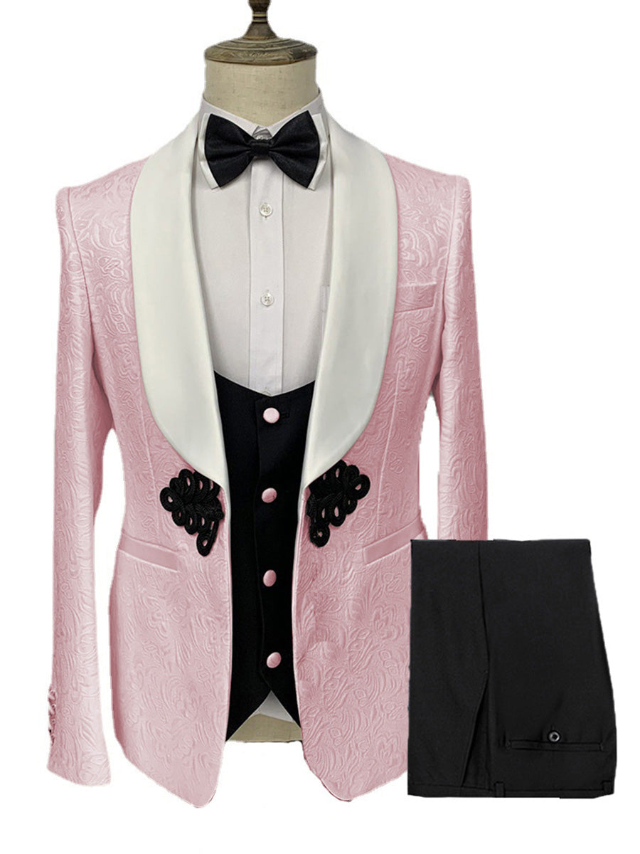 Costume Homme 3 Pièces Rose à Motif Jacquard Élégance Racée pour Marié et Garçons d'Honneur