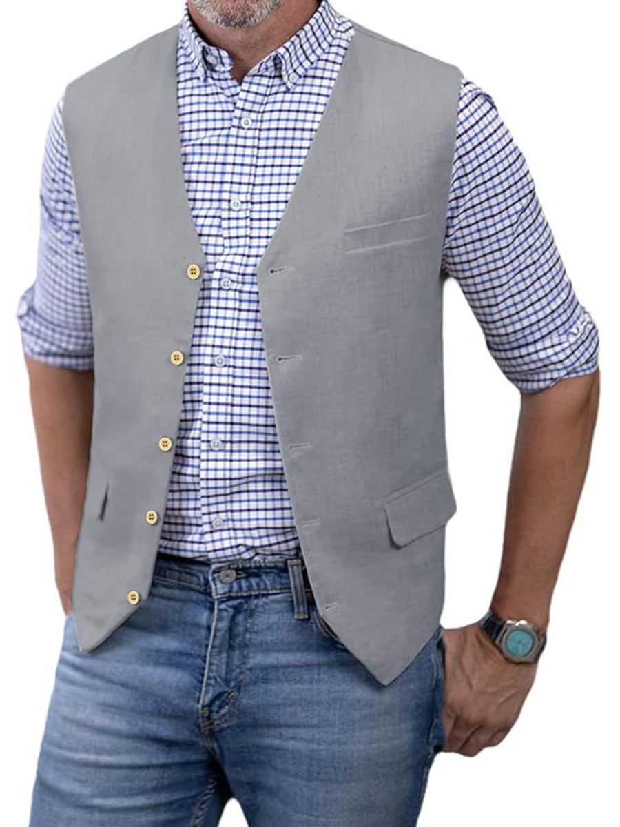 Gilet Décontracté en Coton-Lin Respirant Minimalisme Élégant pour Homme