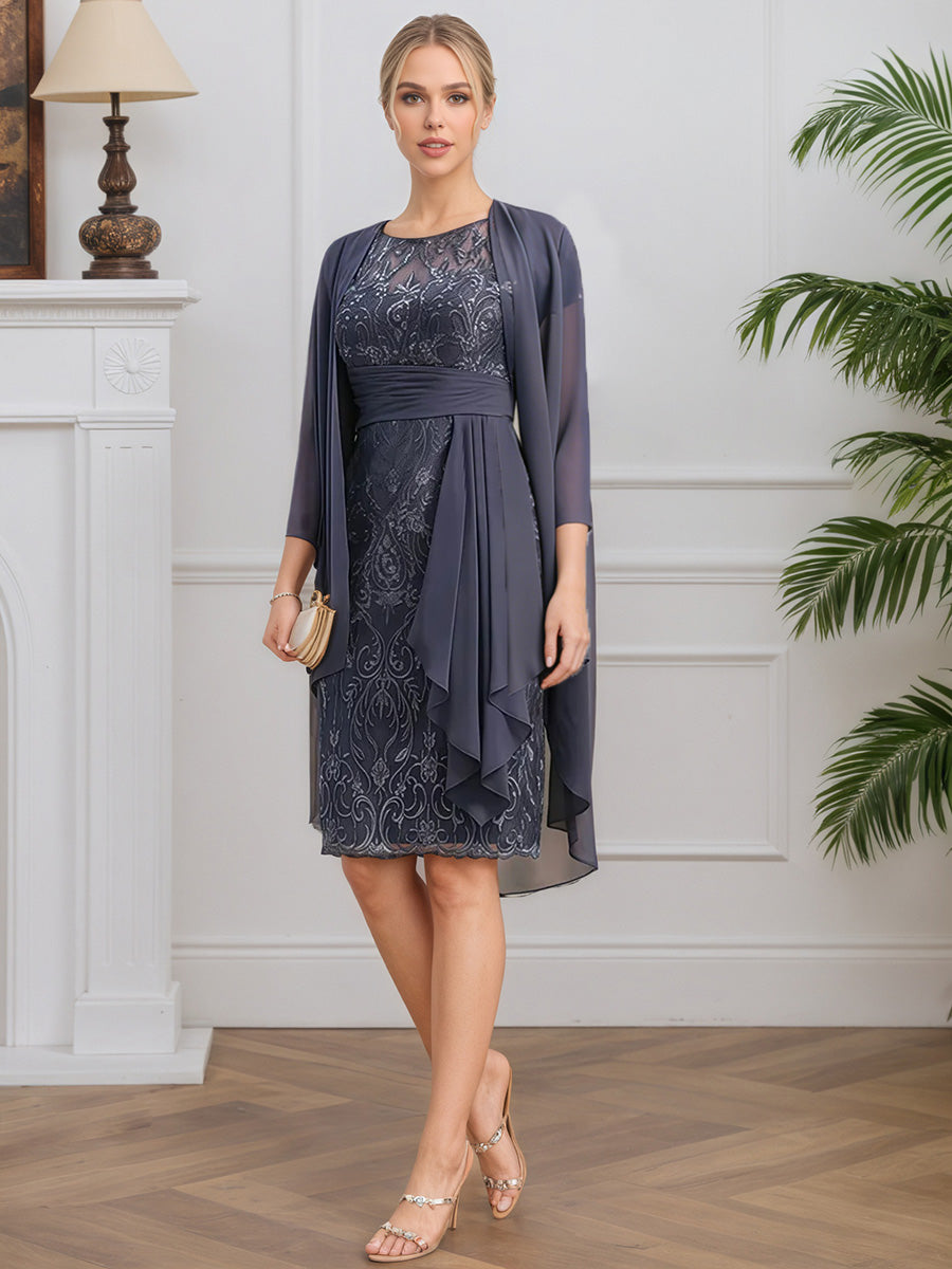 Cicinia Tempête Robe avec Veste pour Mère de la Mariée Courte en Mousseline et Dentelle Fourreau Longueur Genoux