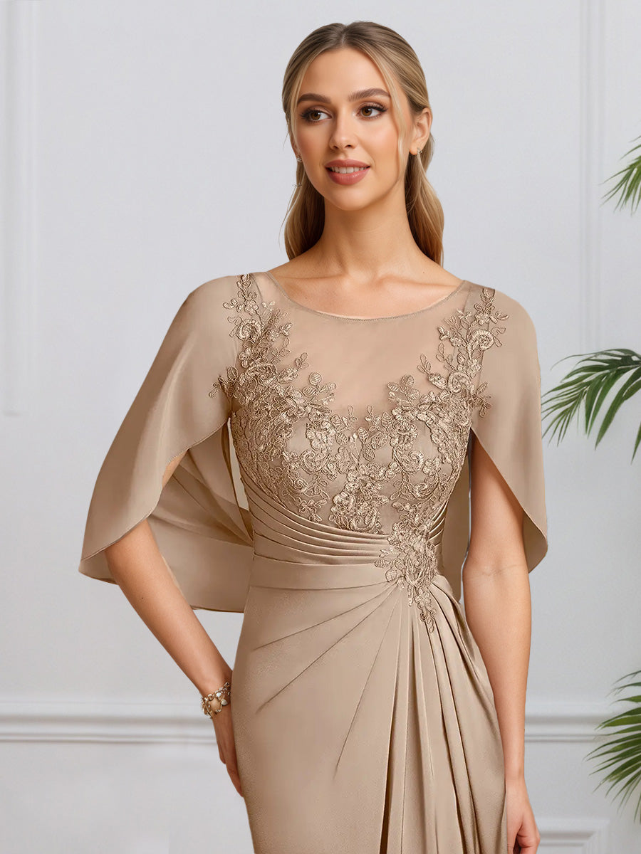 Cicinia Taupe Robe pour Mère de la Mariée Longue en Mousseline et Dentelle Fourreau Fente