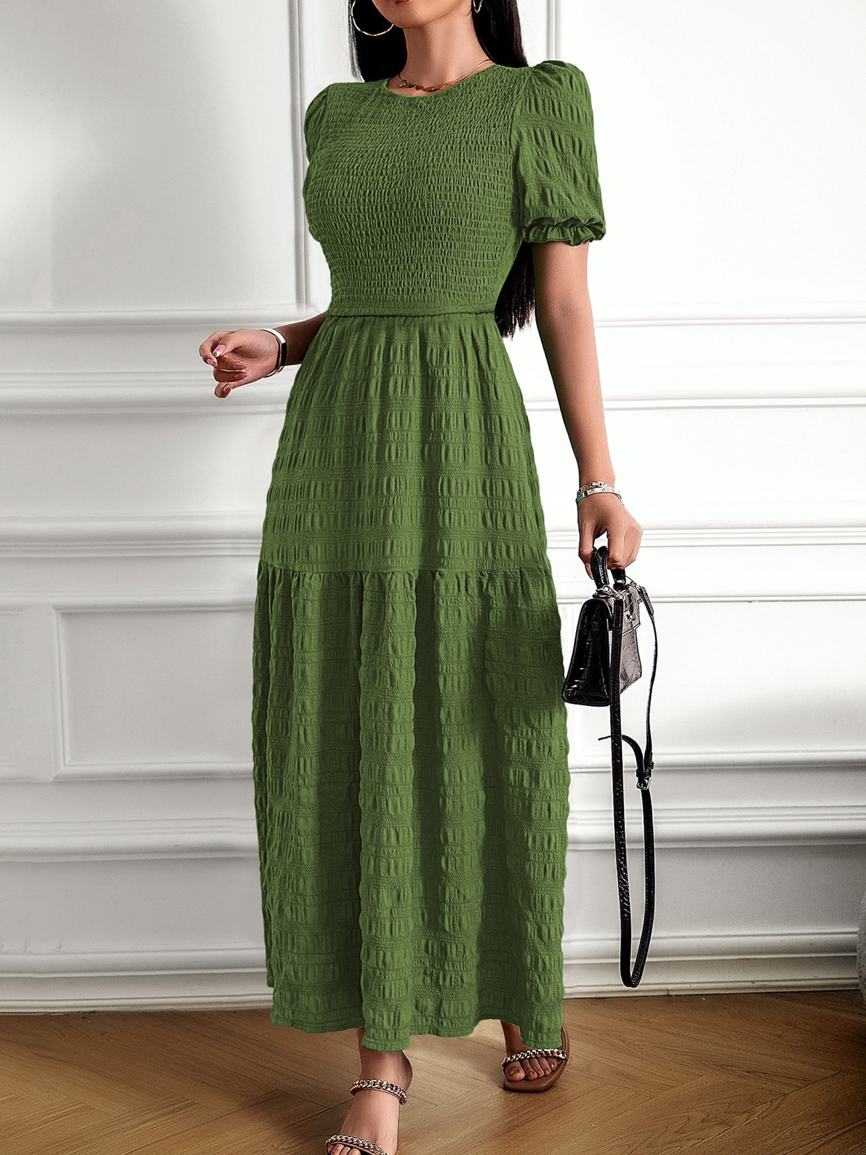Robe Longue Trapèze Col Rond Manches Courtes à Volants Robe Invitée de Mariage en Vert Olive