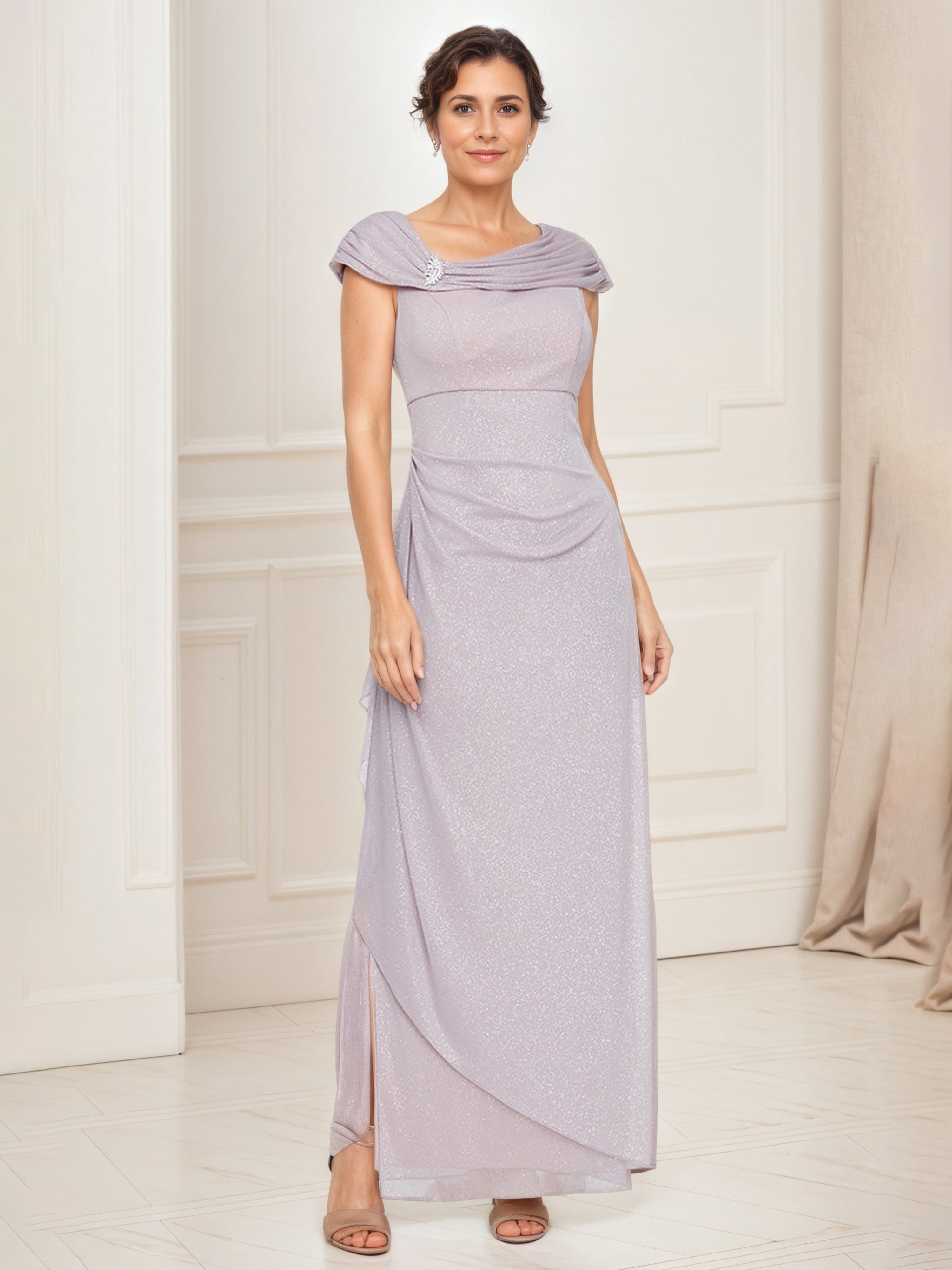 Robe Cérémonie Mariage Mère Du Marié CREPUSCULE Manchette Robe Plissée Fourreau/Colonne