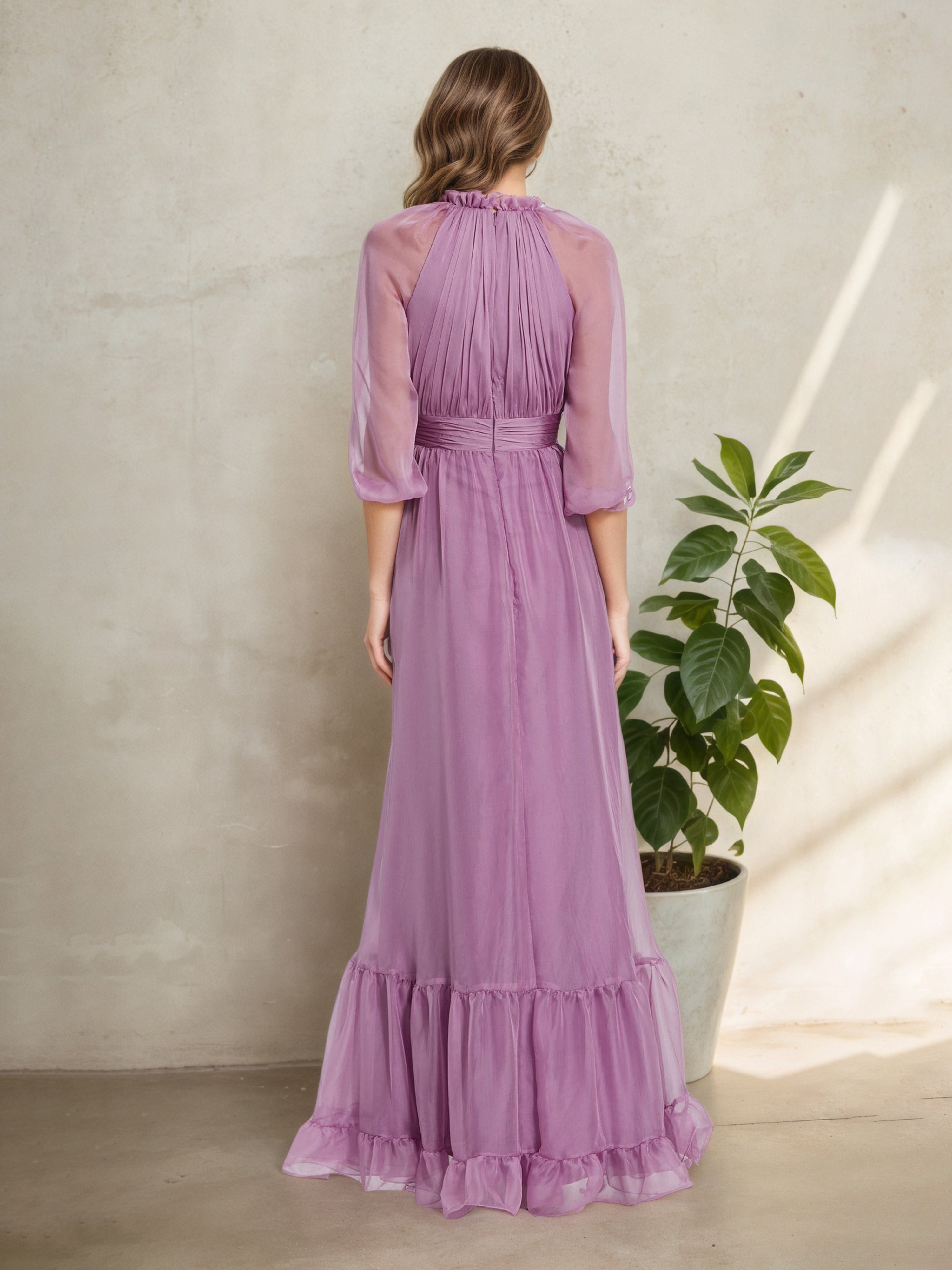 Robe Mère de la Mariée Glycine à Col Haut Illusion Manches Trois-Quarts Dentellées