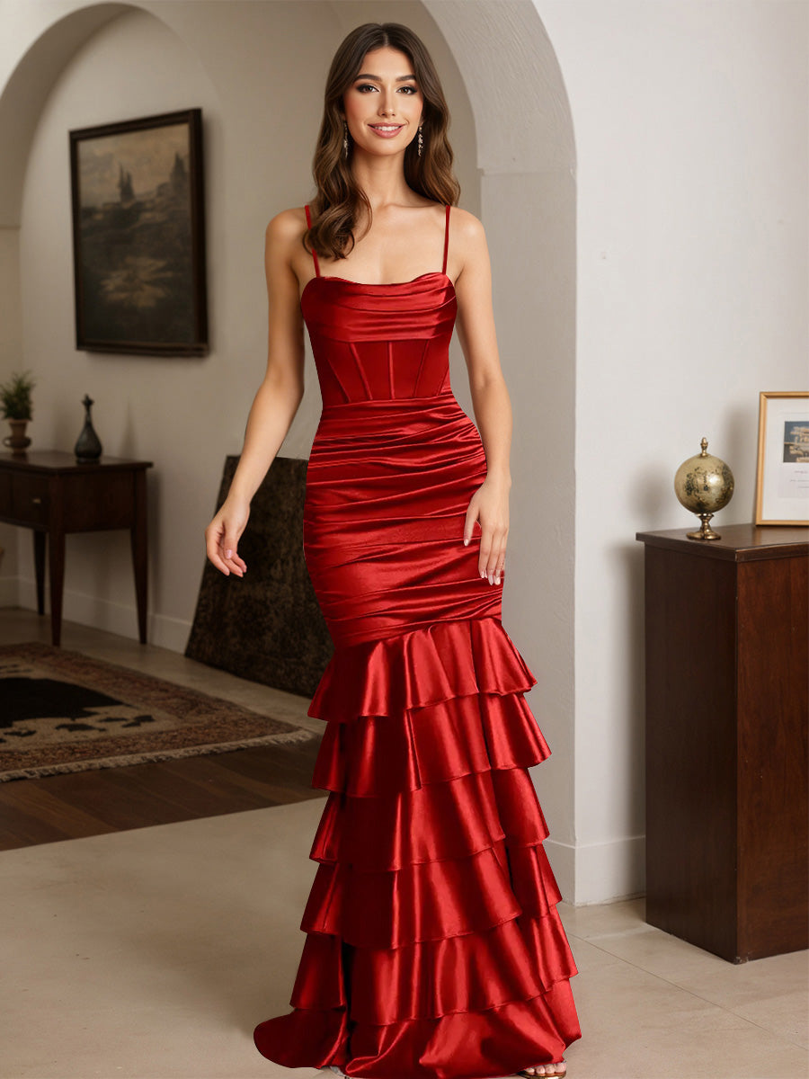 Cicinia Rouge Robe de Soirée Longue en Satin Extensible Fourreau à Bretelles Spaghetti à Volants Fente