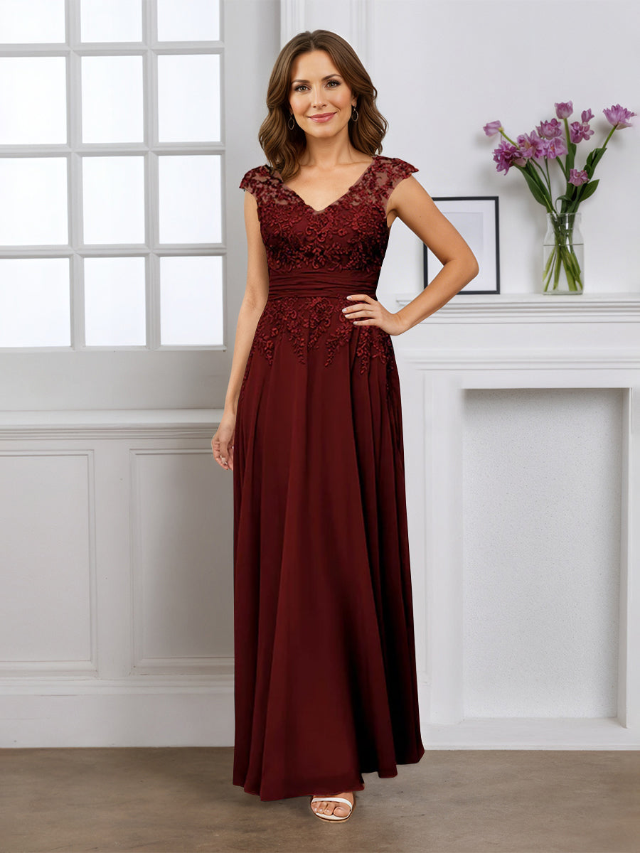 Cicinia Robe pour Mère de la Mariée BORDEAUX Longue A-Line en Mousseline Appliqués Dentelle Décolleté en V Longueur Sol