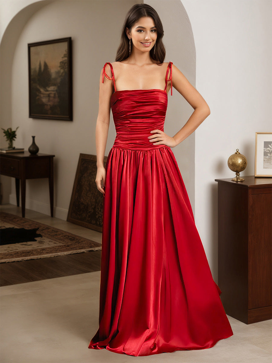Cicinia Rouge Robe de Soirée Longue A-Line en Satin à Bretelles Spaghetti Longueur Sol