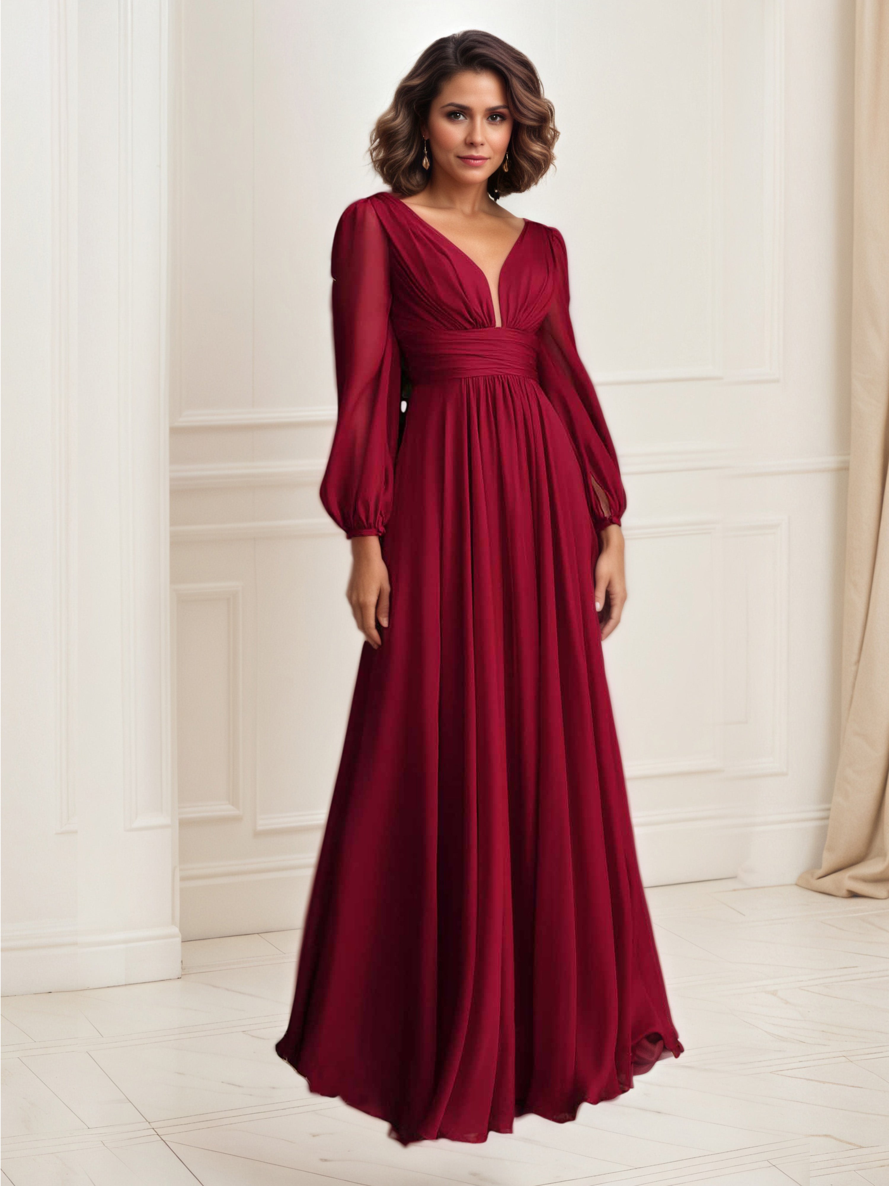 Robe de Soirée BORDEAUX Col V Robe Mousseline Trapèze Manches Longue Robe Plissée