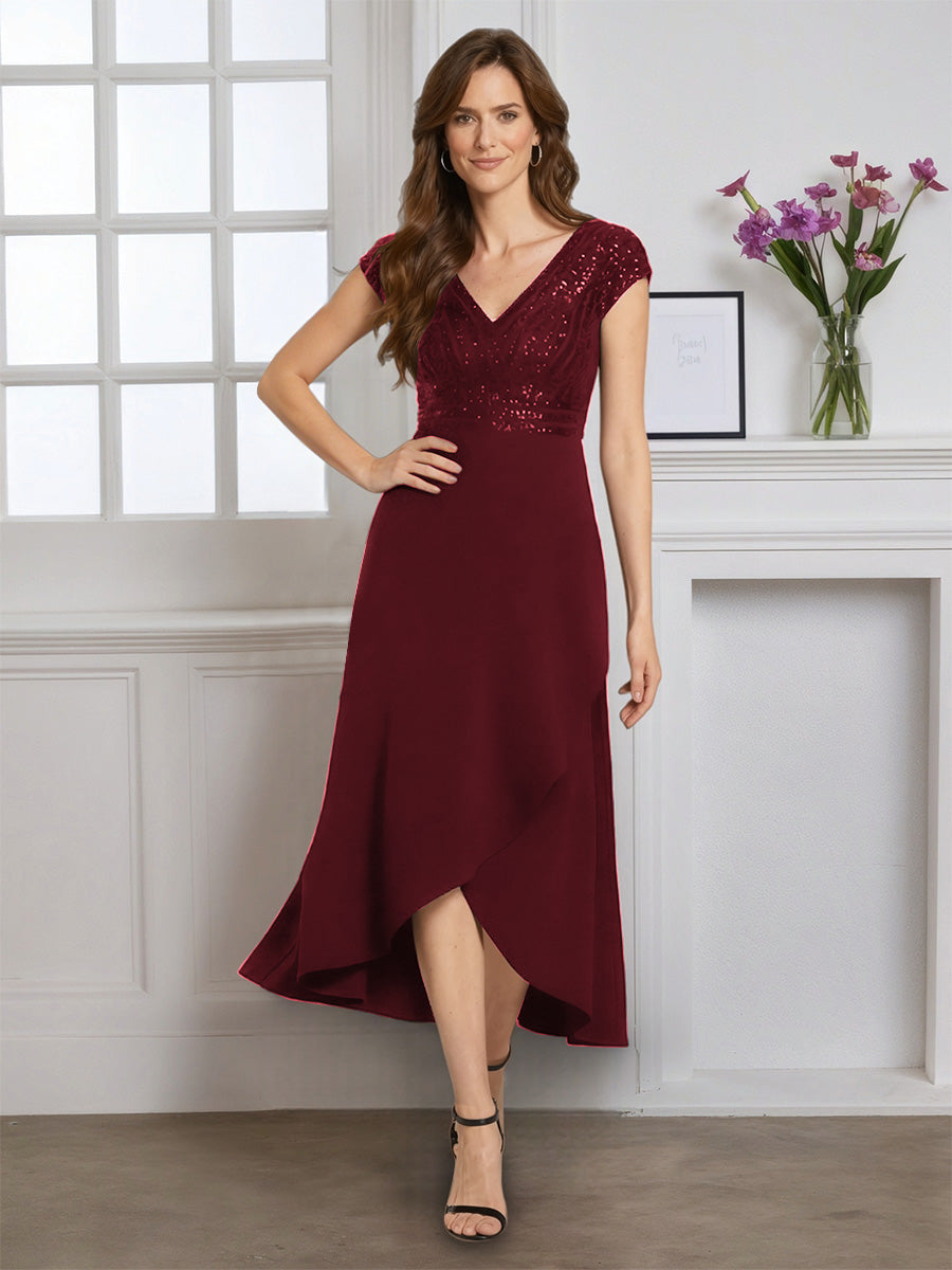 Cicinia Cabernet Robe pour Mère de la Mariée Longue A-Line en Mousseline à Paillettes Décolleté en V Longueur Midi