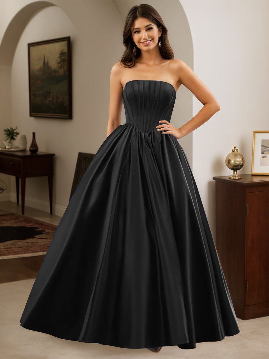 Cicinia Noir Robe de Soirée Longue A-Line en Satin sans Bretelles Longueur Sol