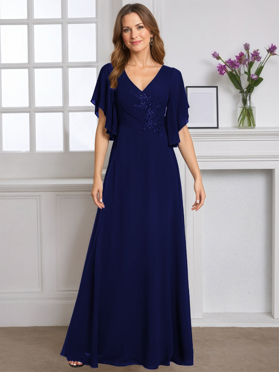 Cicinia Robe pour Mère de la Mariée BLEU MARINE Longue A-Line en Mousseline Manches Papillons Longueur Sol