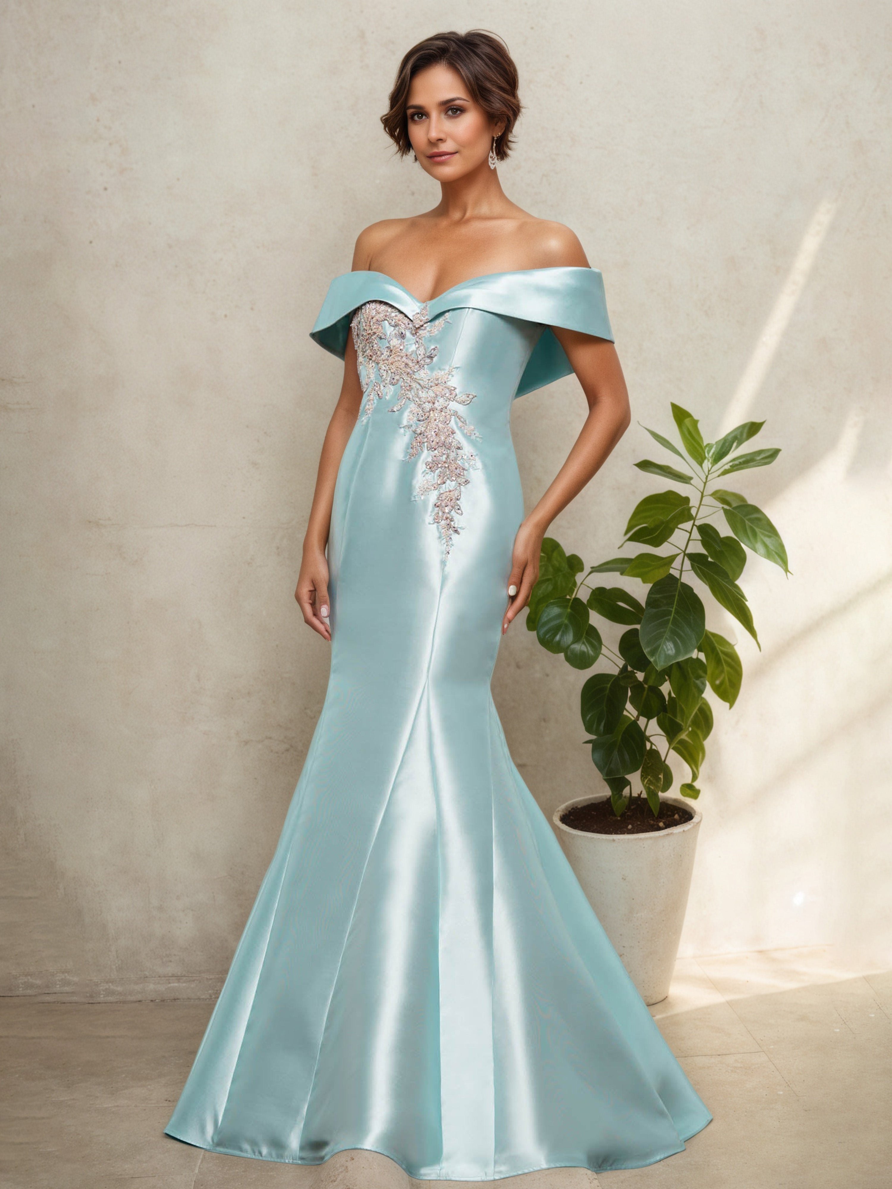Robe de Cérémonie BRUME pour Mère de la Mariée Style Épaules Dénudées et Silhouette Sirène/Trumpet