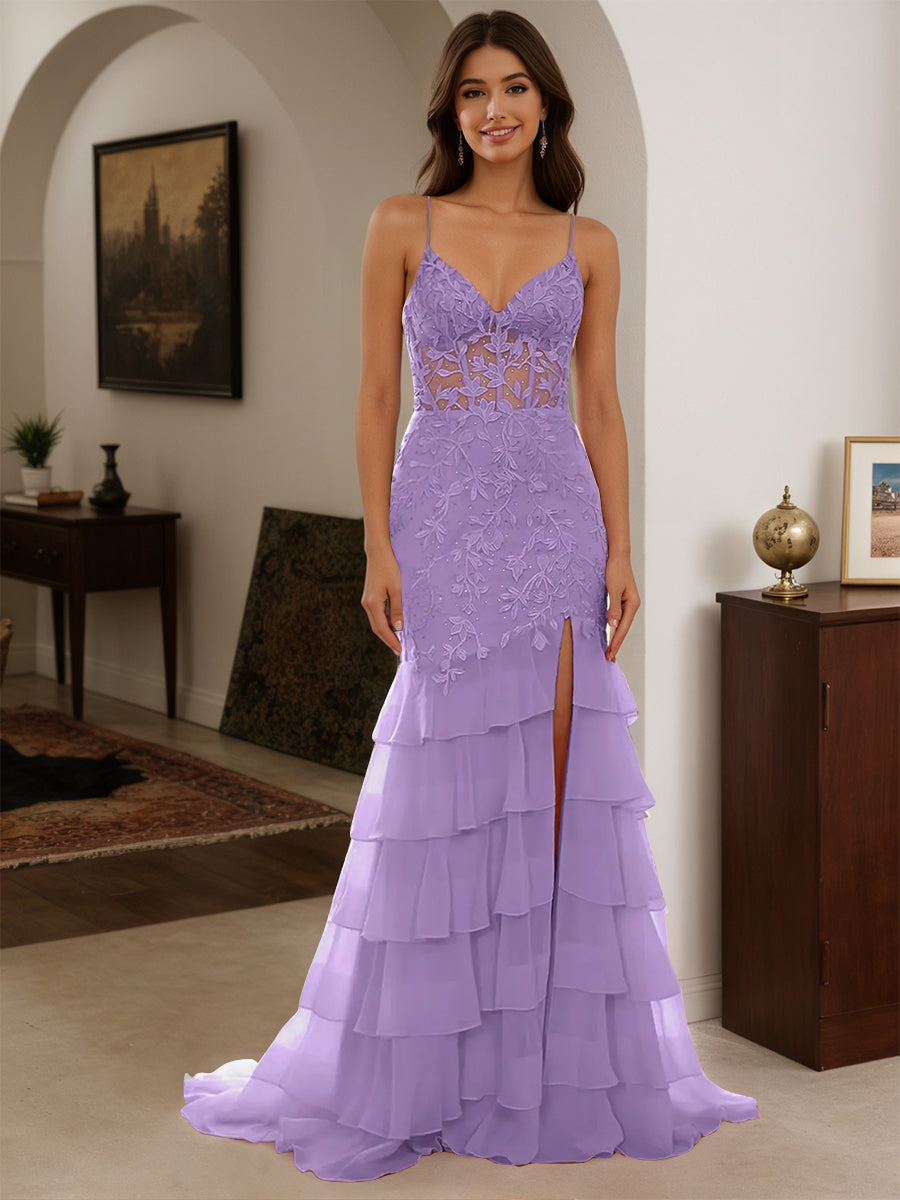 Cicinia Robe de Soirée TAHITI Longue Fourreau en Mousseline Appliqués Dentelle à Volants à Bretelles Spaghetti