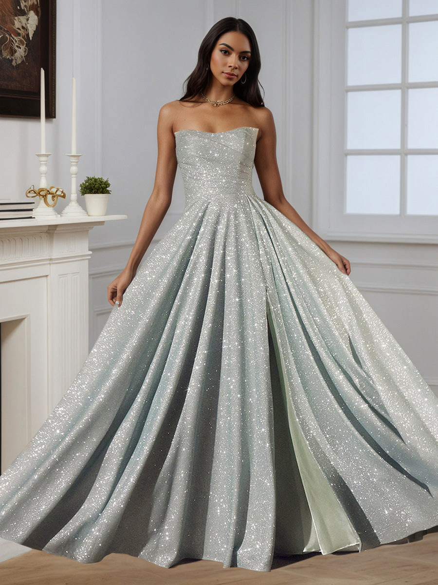 Cicinia Robe de Soirée ARGENT Longue A-Line à Jupe Plissée sans Bretelles Fente Longueur Sol avec Traîne Gracieuse