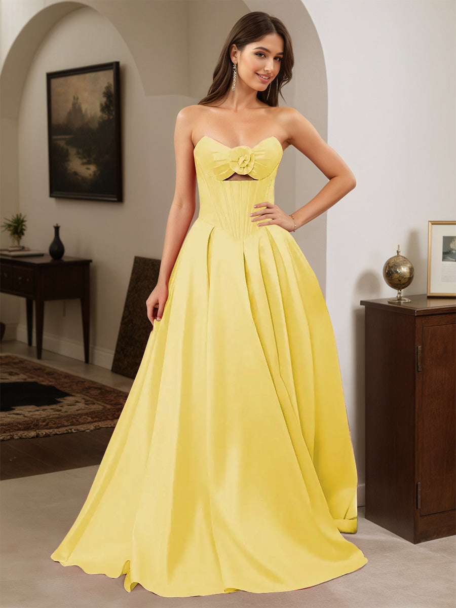 Cicinia Robe de Soirée CITRON Longue A-Line en Satin sans Bretelles Longueur Sol