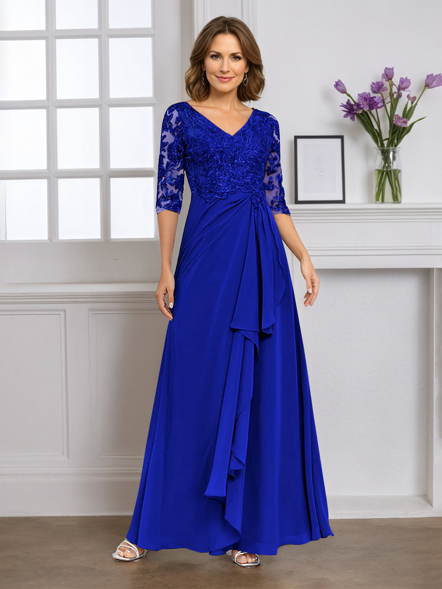 Cicinia Robe pour Mère de la Mariée BLEU ROYALE Longue A-Line en Mousseline Dentelle Décolleté en V Longueur Sol