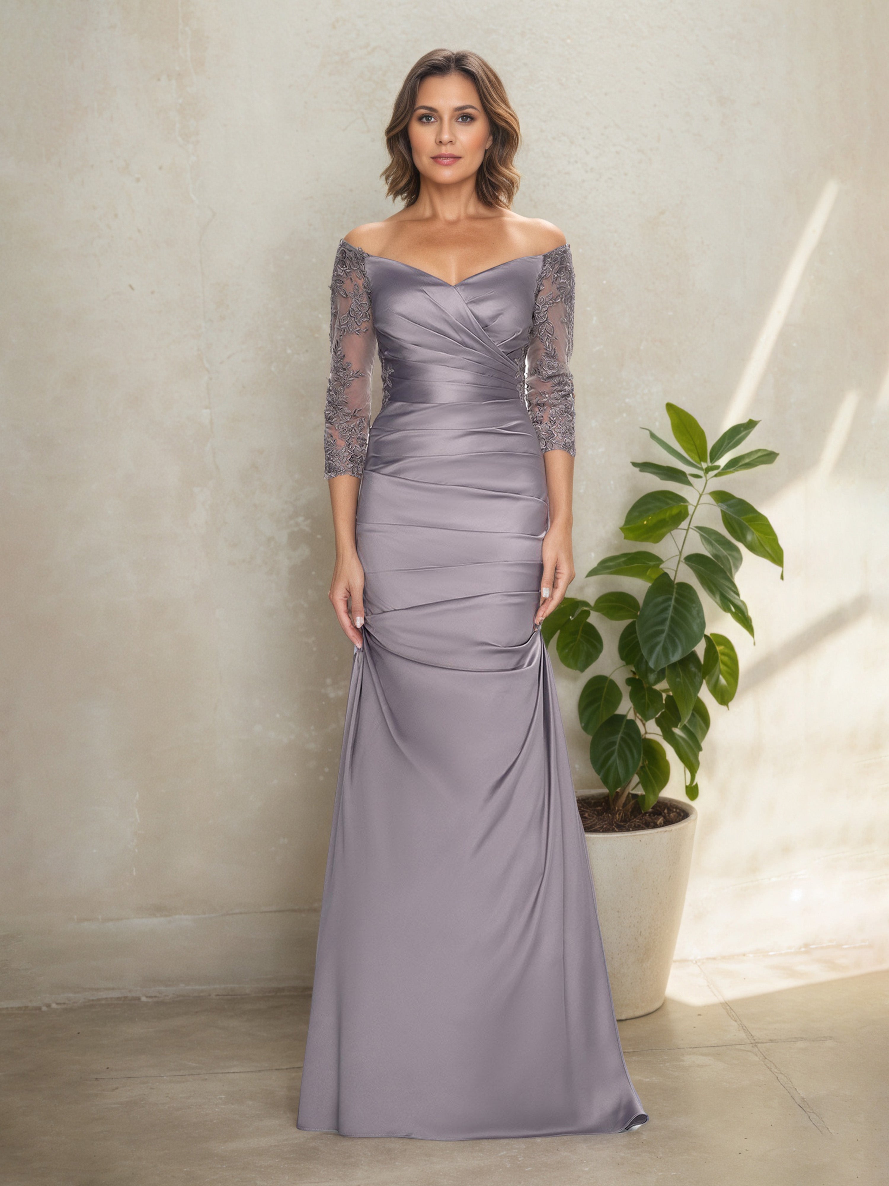 Robe Mère de la Mariée CREPUSCULE à Épaules Dénudées Manches Longues avec Effet Plissé