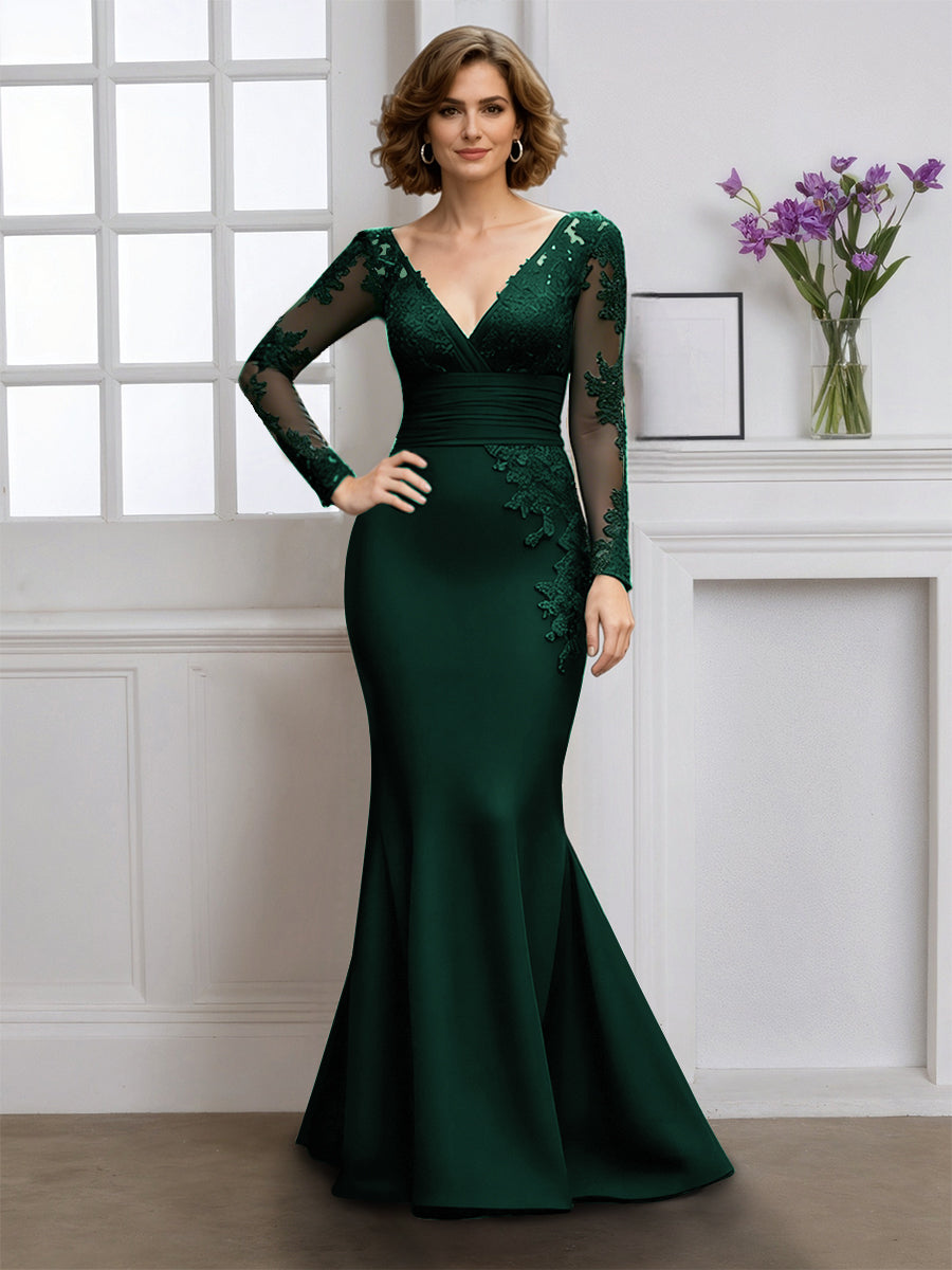 Cicinia Robe pour Mère de la Mariée VERT FONCE Longue en Tissu Extensible Sirène Décolleté en V