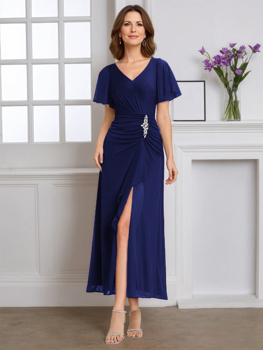 Cicinia Robe pour Mère de la Mariée BLEU MARINE Longue A-Line en Mousseline Manches Papillons Décolleté en V