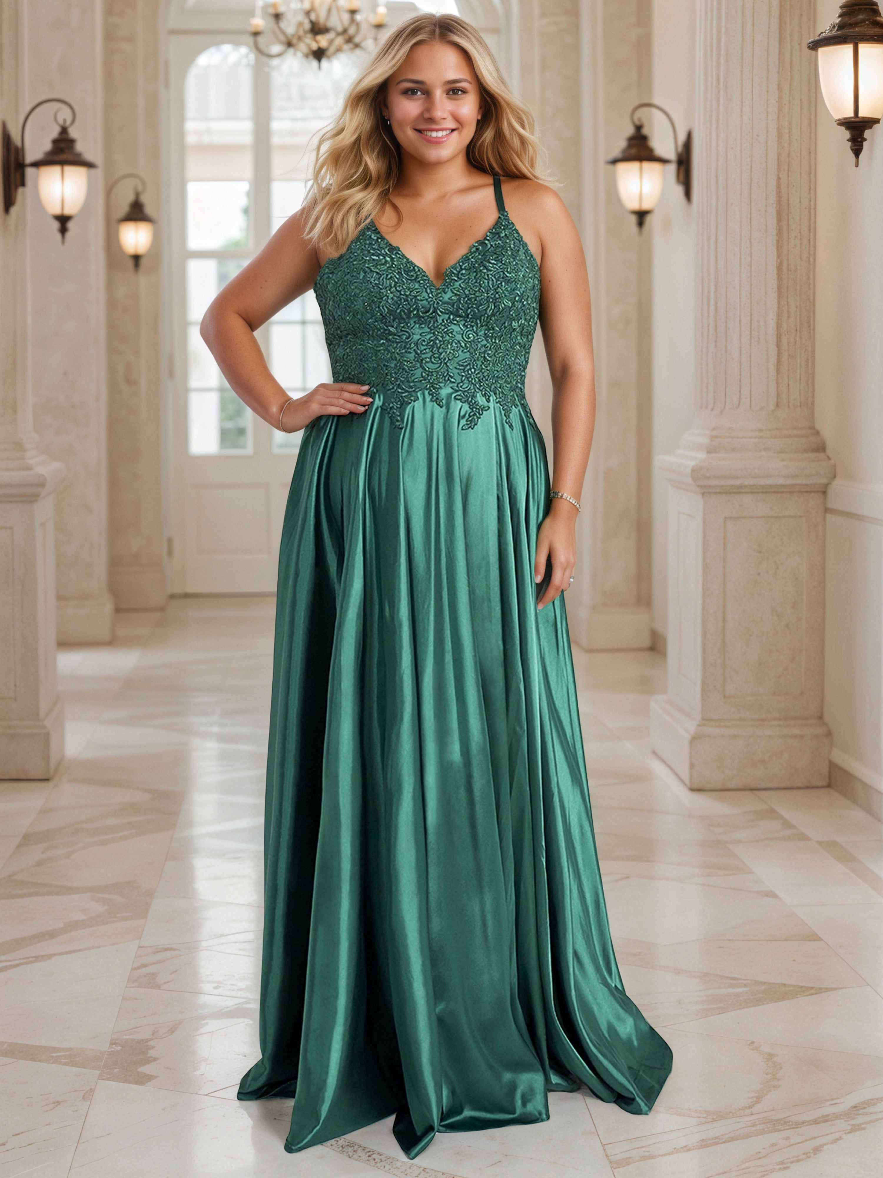 Robe de Bal Dentelle Paon à Encolure V Grande Taille Longue Sans Manches avec Appliqués et Bretelles Spaghetti