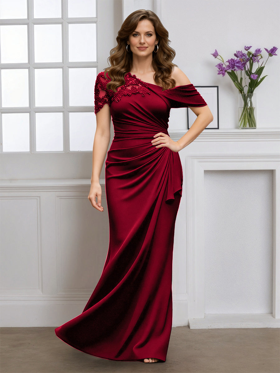 Cicinia Robe pour Mère de la Mariée BORDEAUX Longue en Tissu Extensible Fourreau Une Épaule Longueur Sol