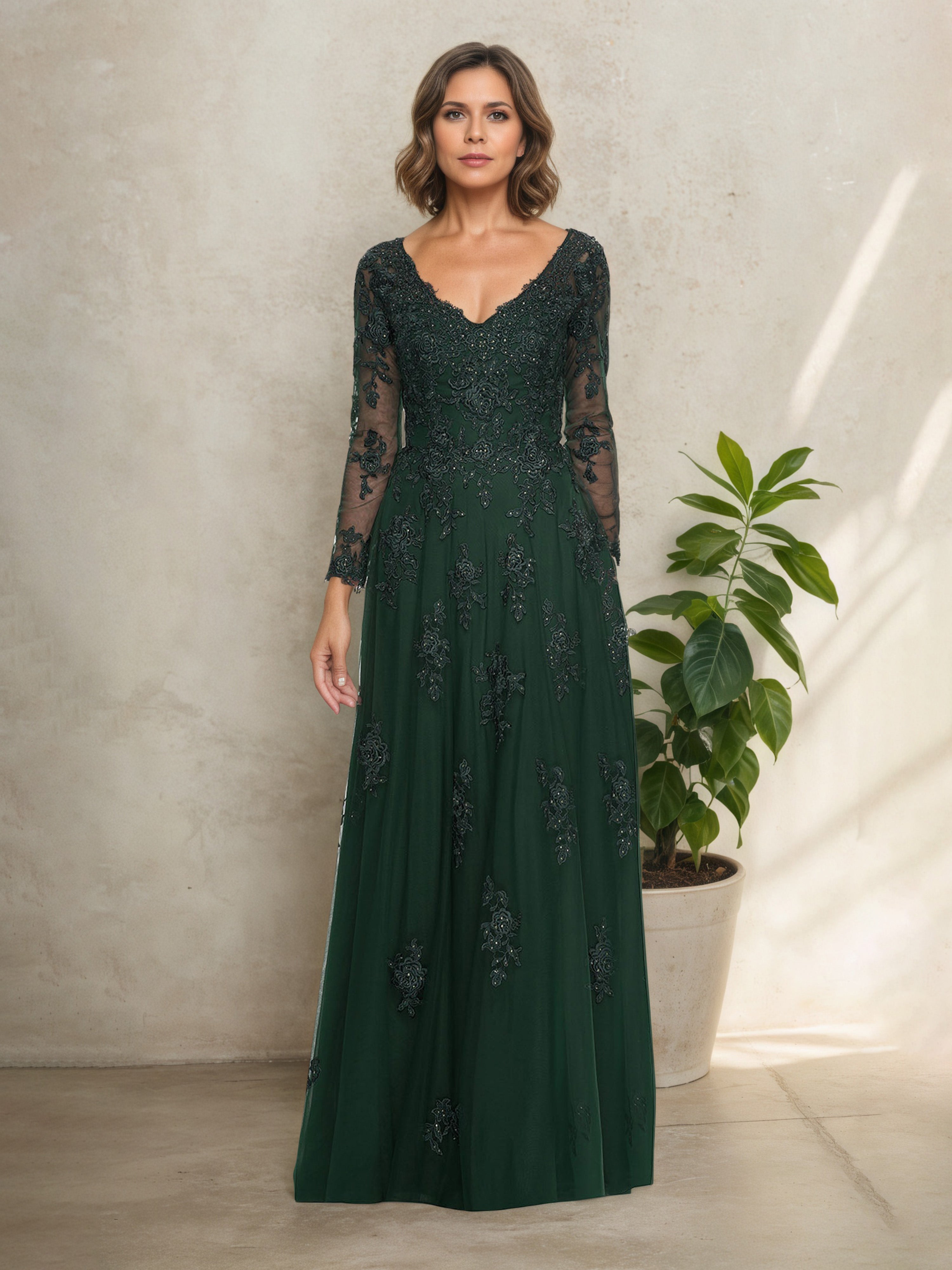Robe Mère de la Mariée VERT_FONCE Col V en Dentelle Manches Longues