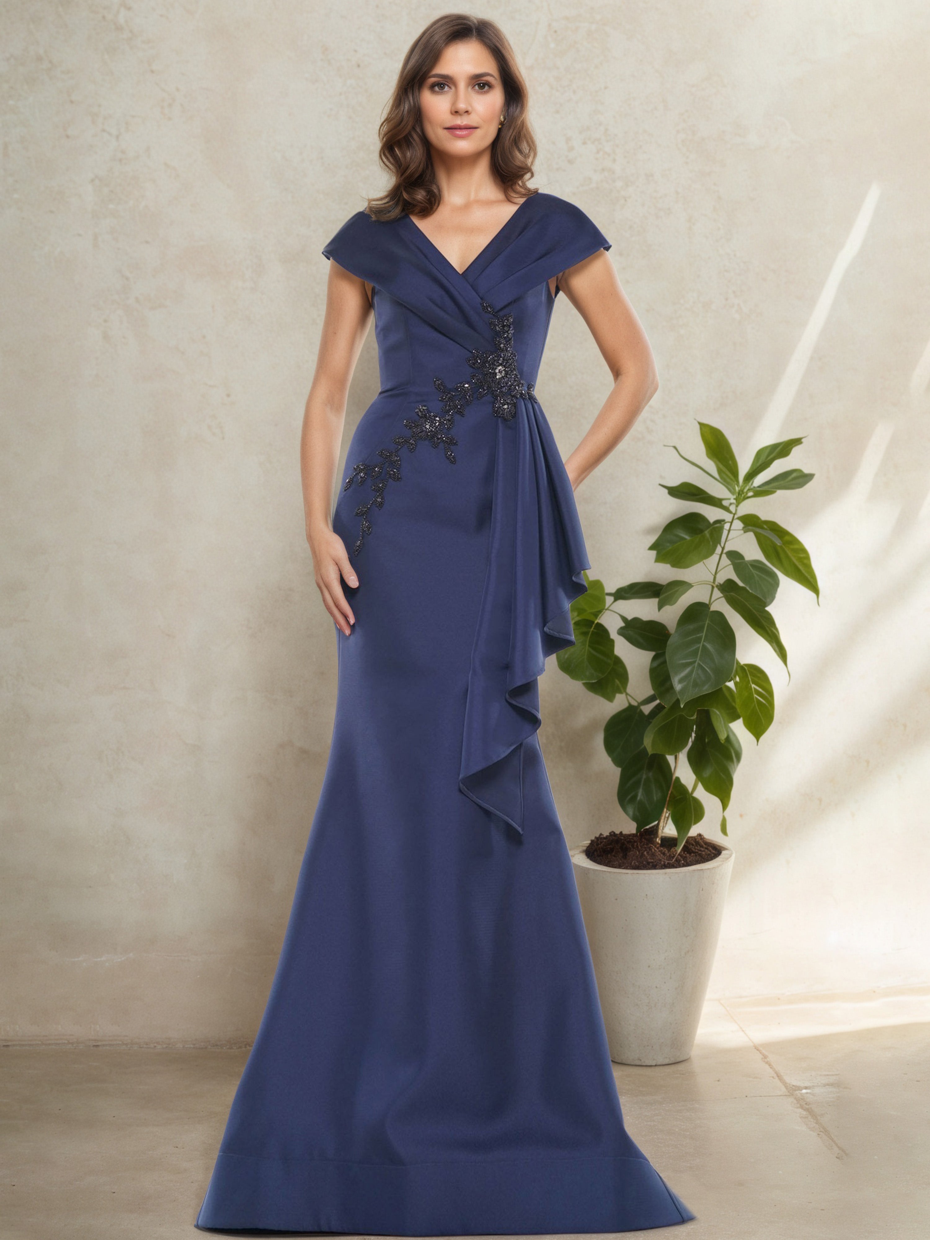 Robe Mère de la Mariée MARINE_FONCE à Décolleté en V Manches Ballon avec Volant Latéral