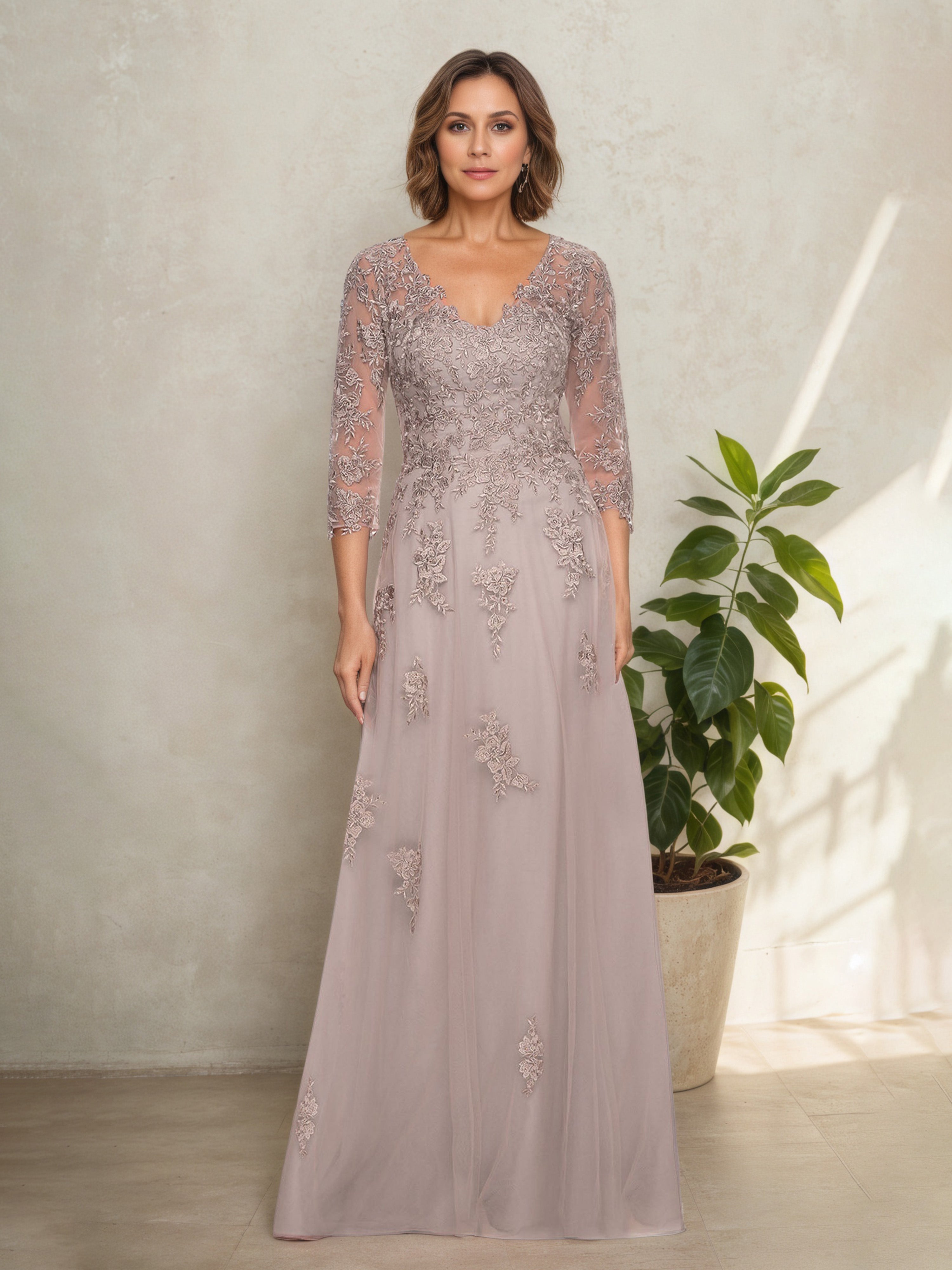Robe Mère de la Mariée VINTAGE_MAUVE Col V en Dentelle Manches 3/4