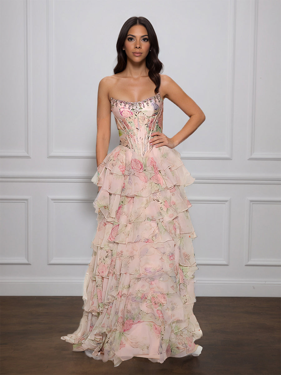 Cicinia ROSE PALE Robe de Soirée Longue en Tissu Imprimé A-Line sans Manches Fente à Volants